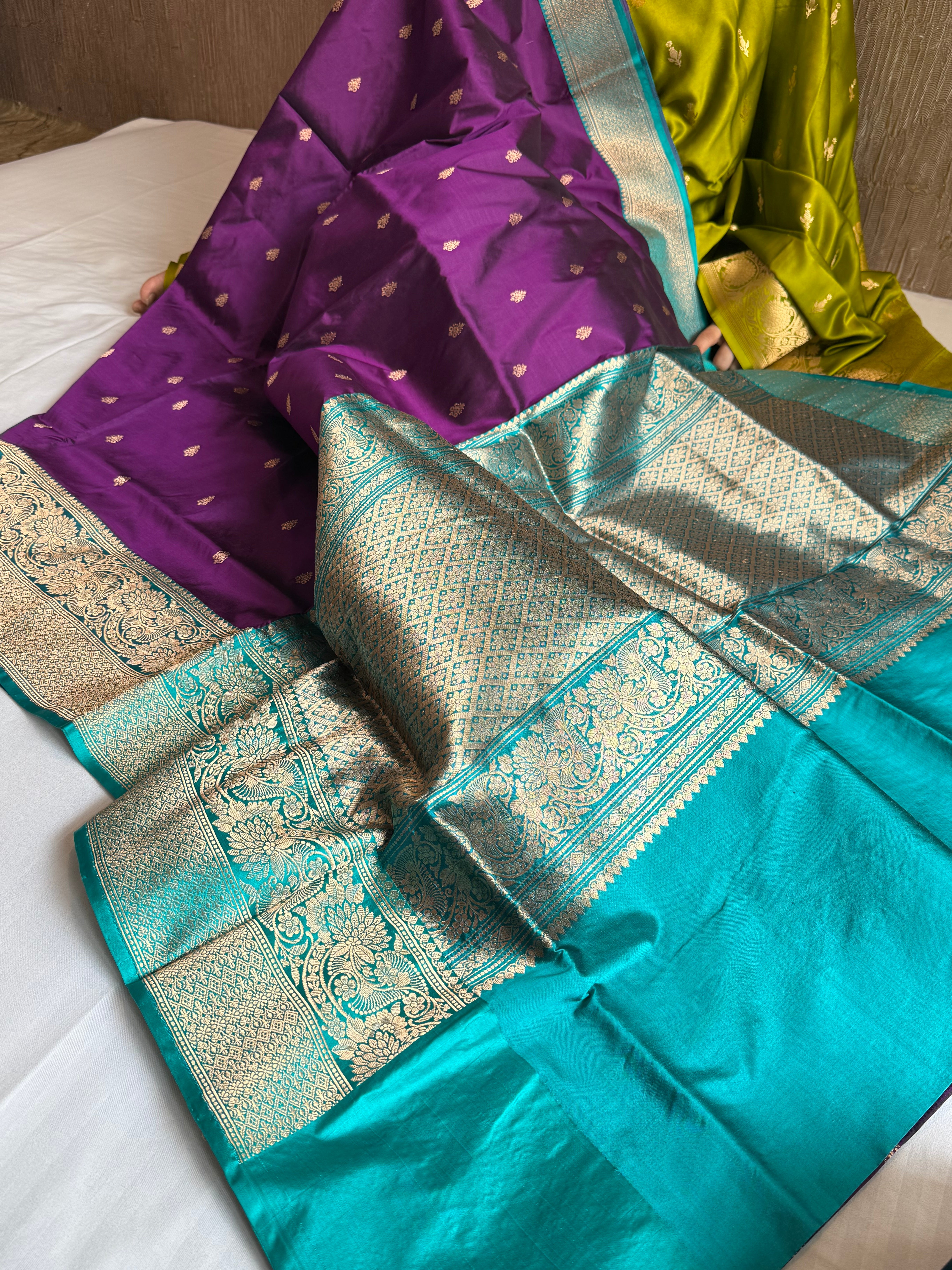 brinjal purple-firozi contrast combination blue katan silk kadhwa saree