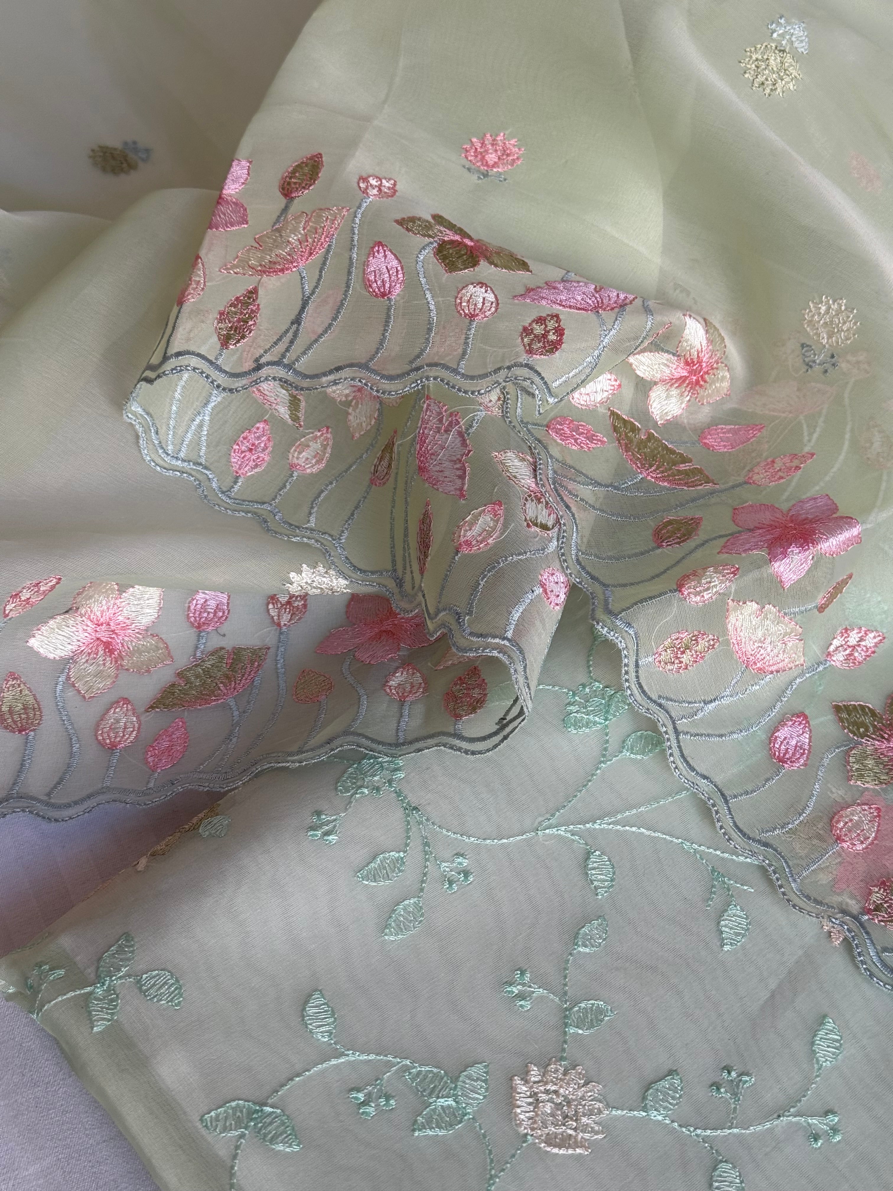 Mint green banarasi kora silk Parsi gara hand embroidered kadhwa suit set