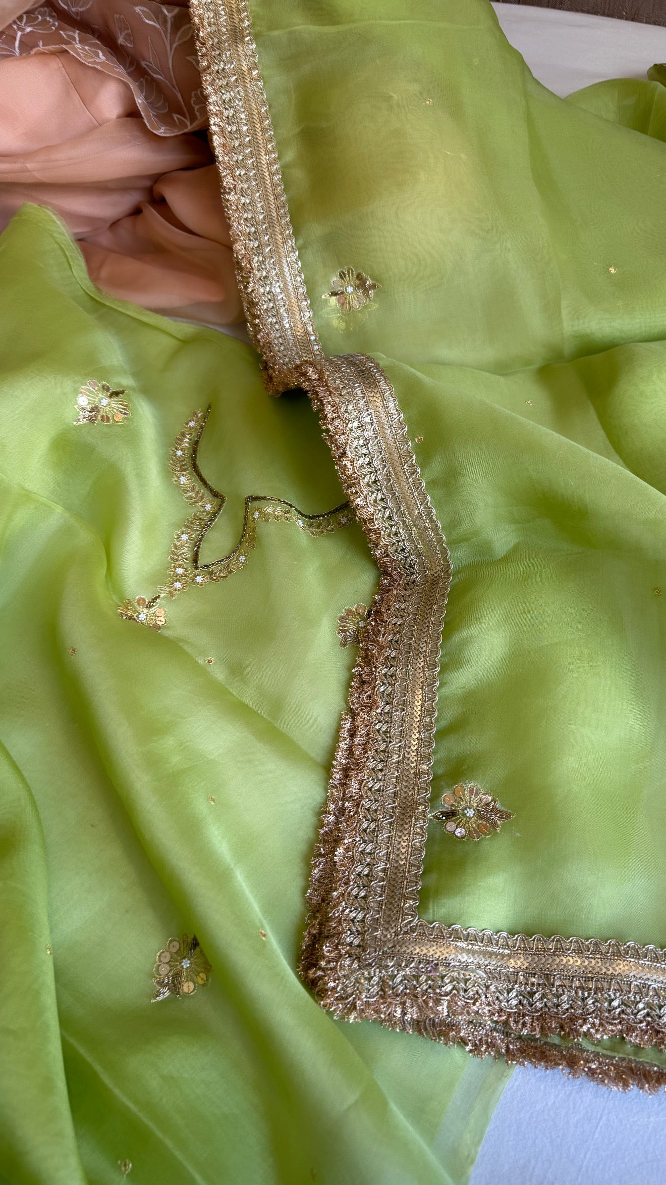 Aari and tilli kora silk hand embroidered grass green kadhwa suit set