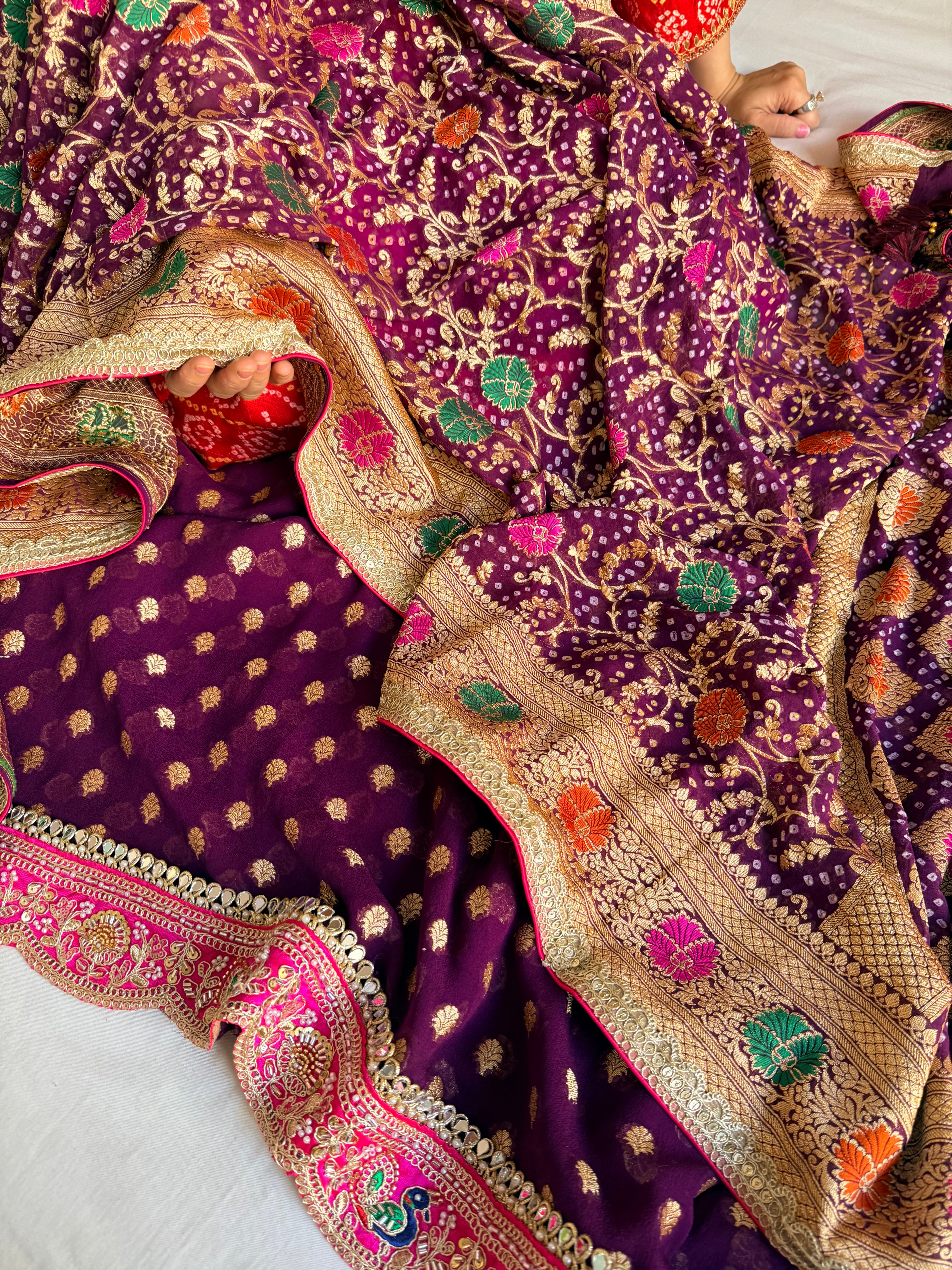 Rai bandhej plum purple banarasi chiffon gorgette gotapatti suits