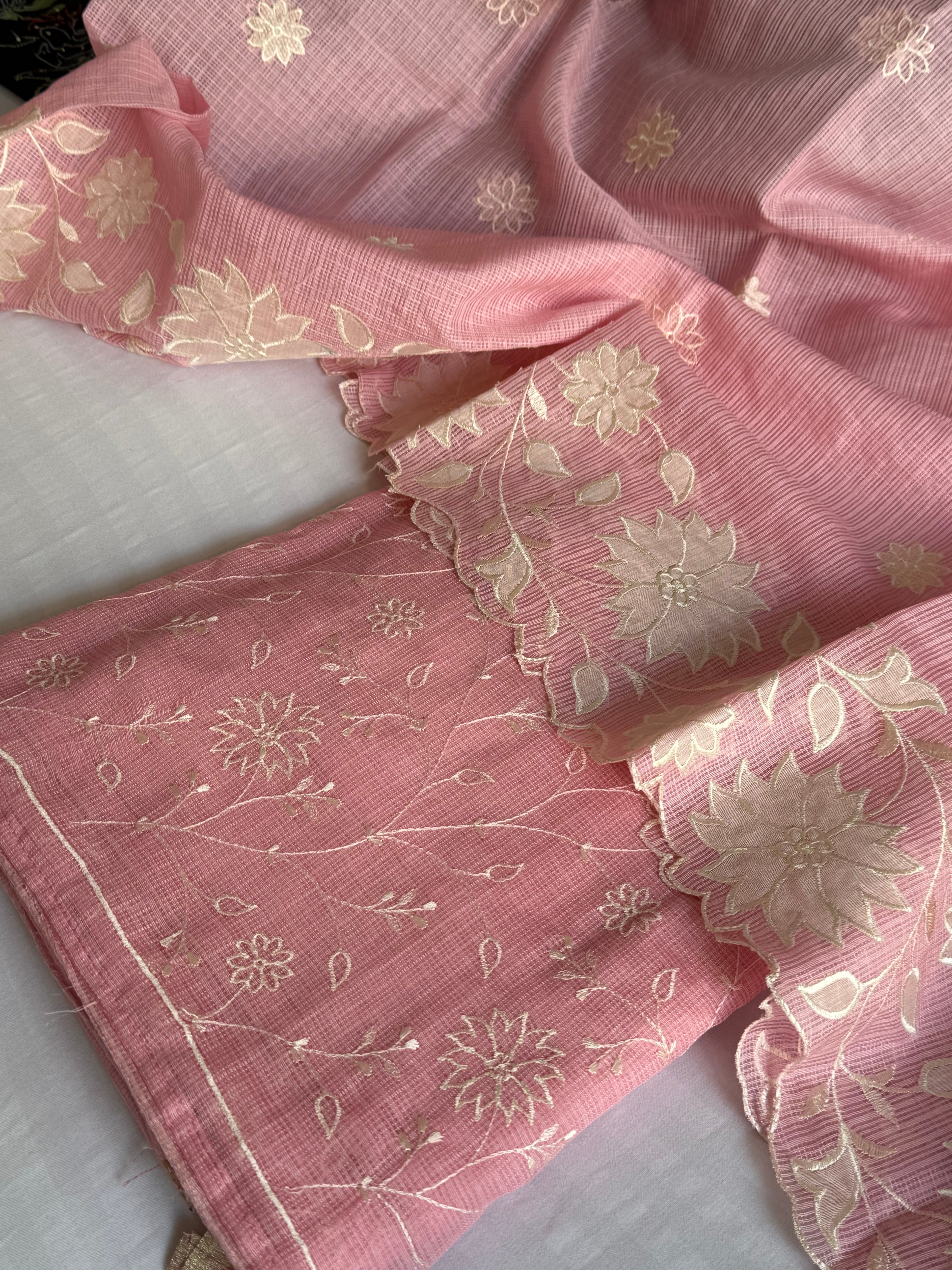 Peachy pink kota check appliqué work kadhwa suit set