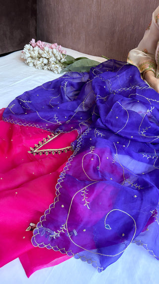 Husn hot pink-purple kora silk hand embroidered suit set