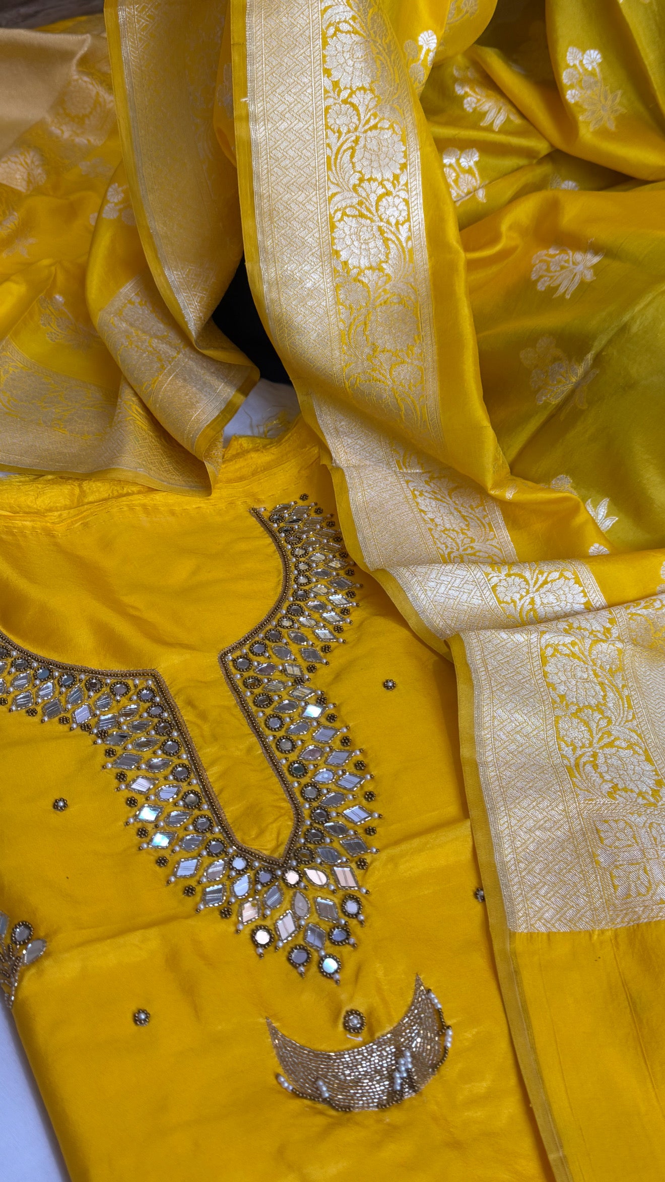 Sheesham haldi yellow mirror work hand embroidered katan silk kadhwa suit set