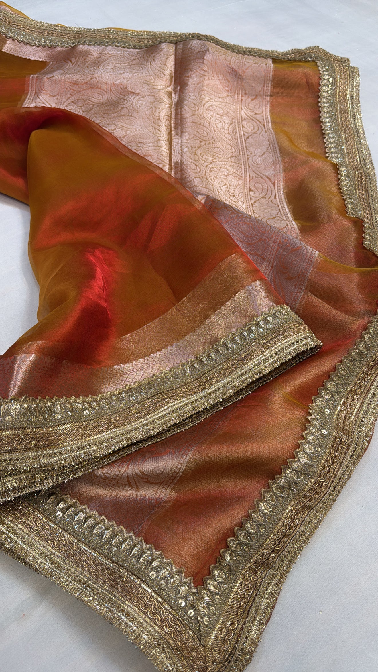 Maharani sunset orange tissue silk saree