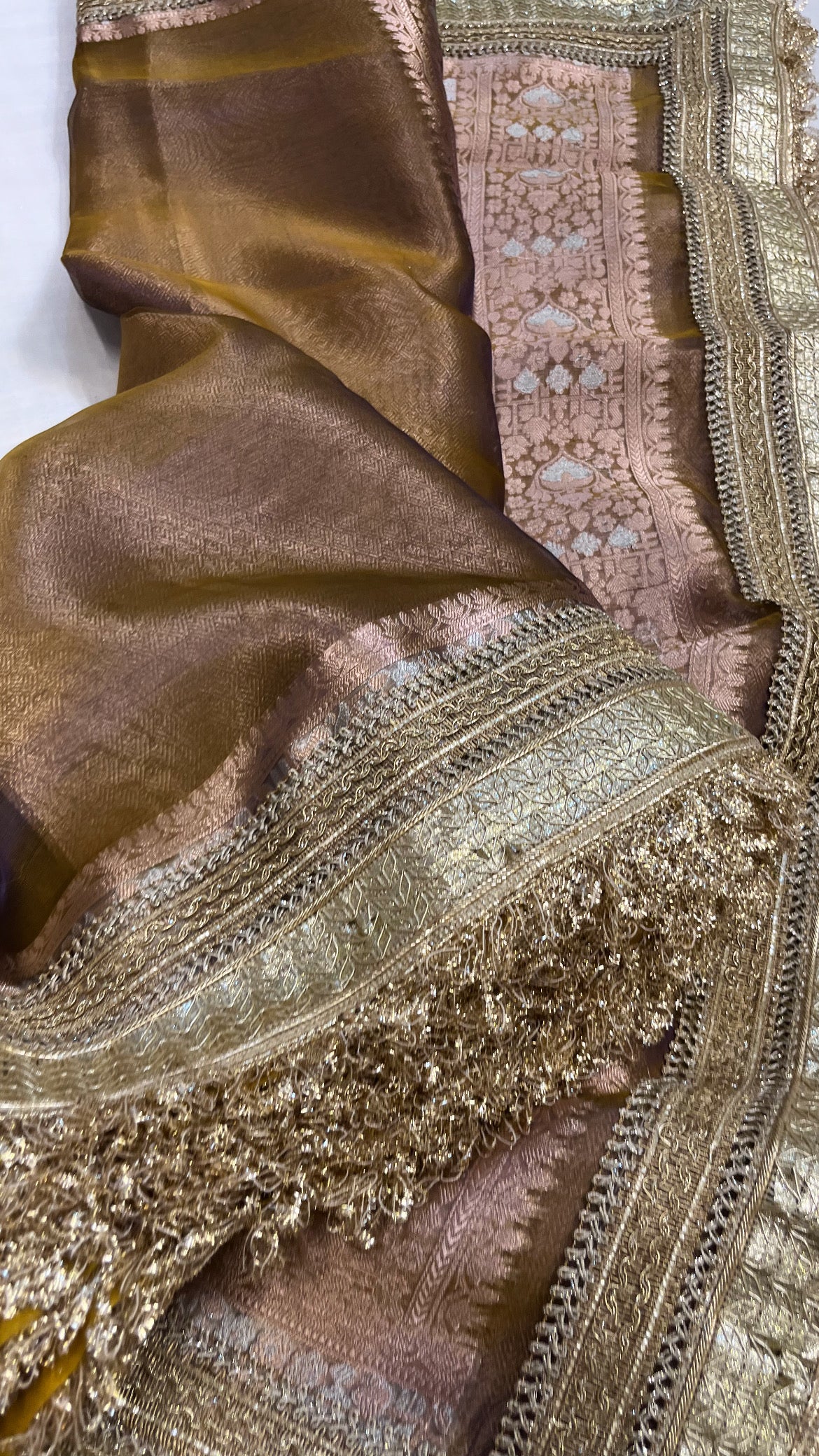 Maharani dusty gold-blue dhup chao effect tissue silk saree