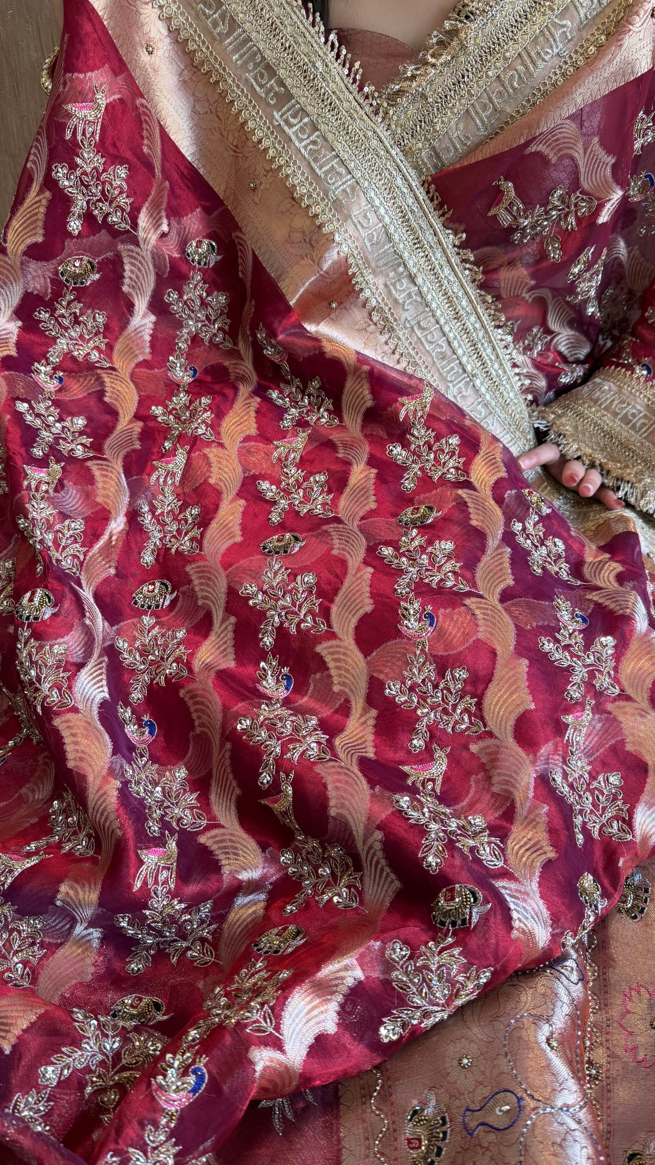 Nayi suhagan edit - Dhup chao blood red tissue silk zardozi and marodi work hand embroidered jaal work saree
