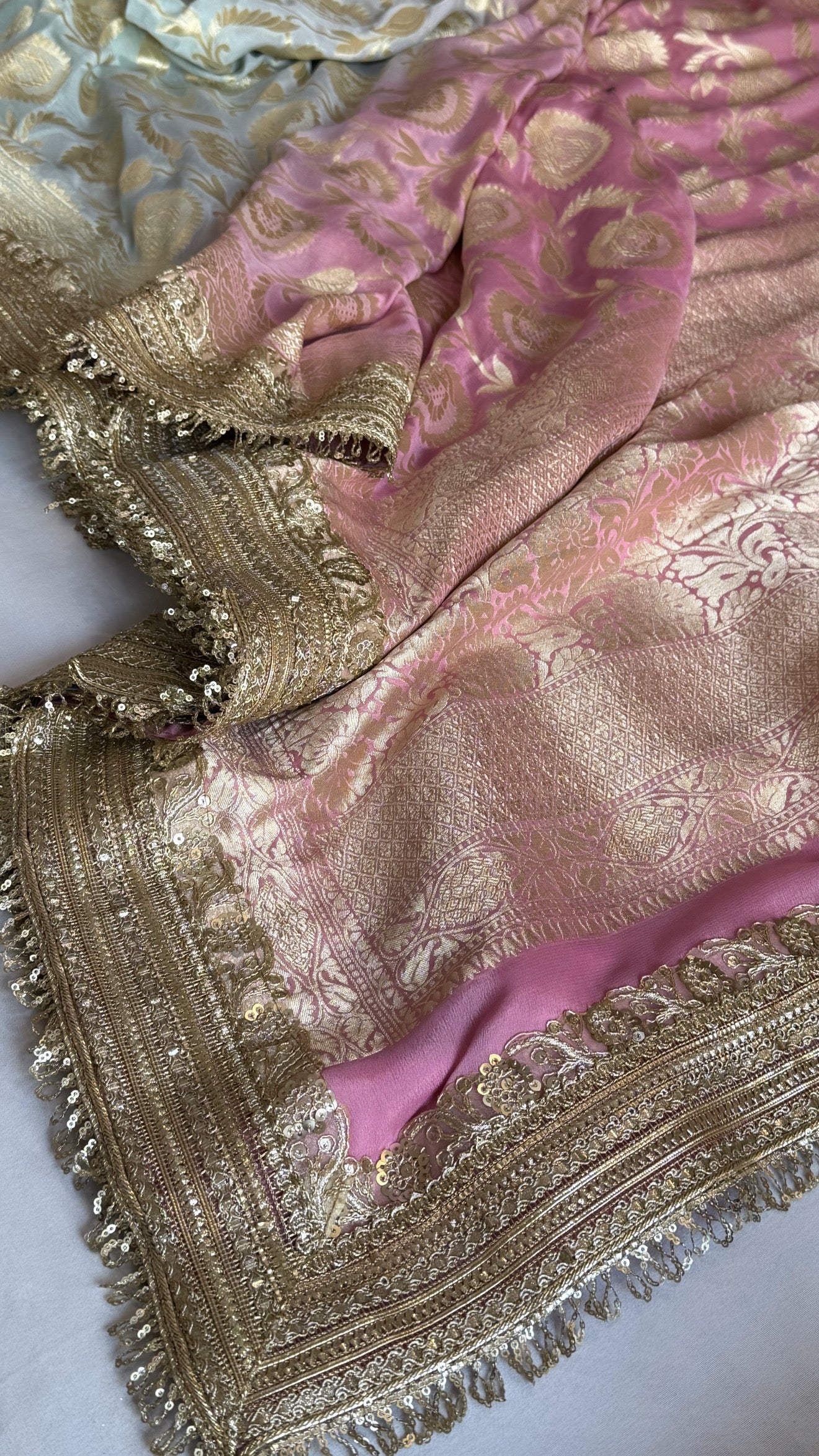 Gayatri devi inspired banarasi chiffon gorgette shaded kadhwa jaal sarees