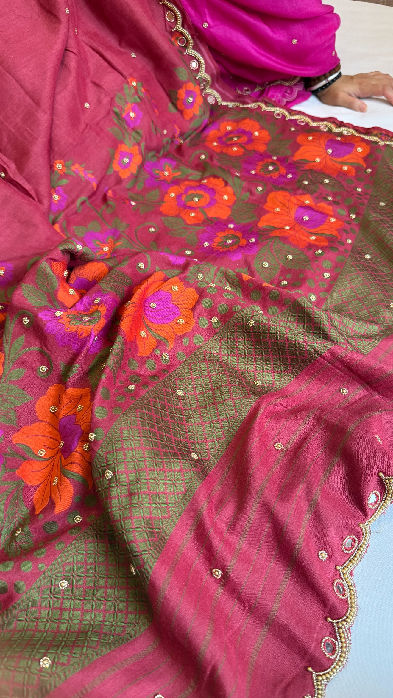 Moonga silk brick gajri pink resham work hand embroidered kadhwa saree