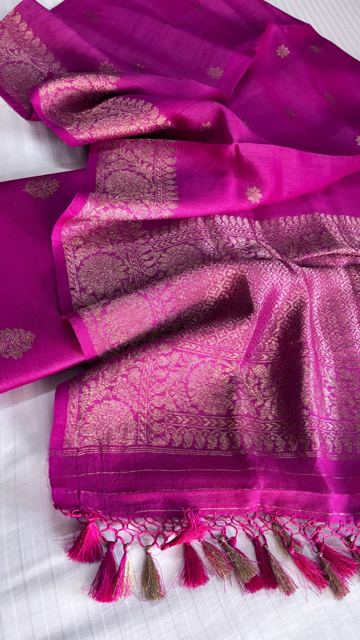 Banarasi tussar gorgette silk kadhwa hot pink suit set