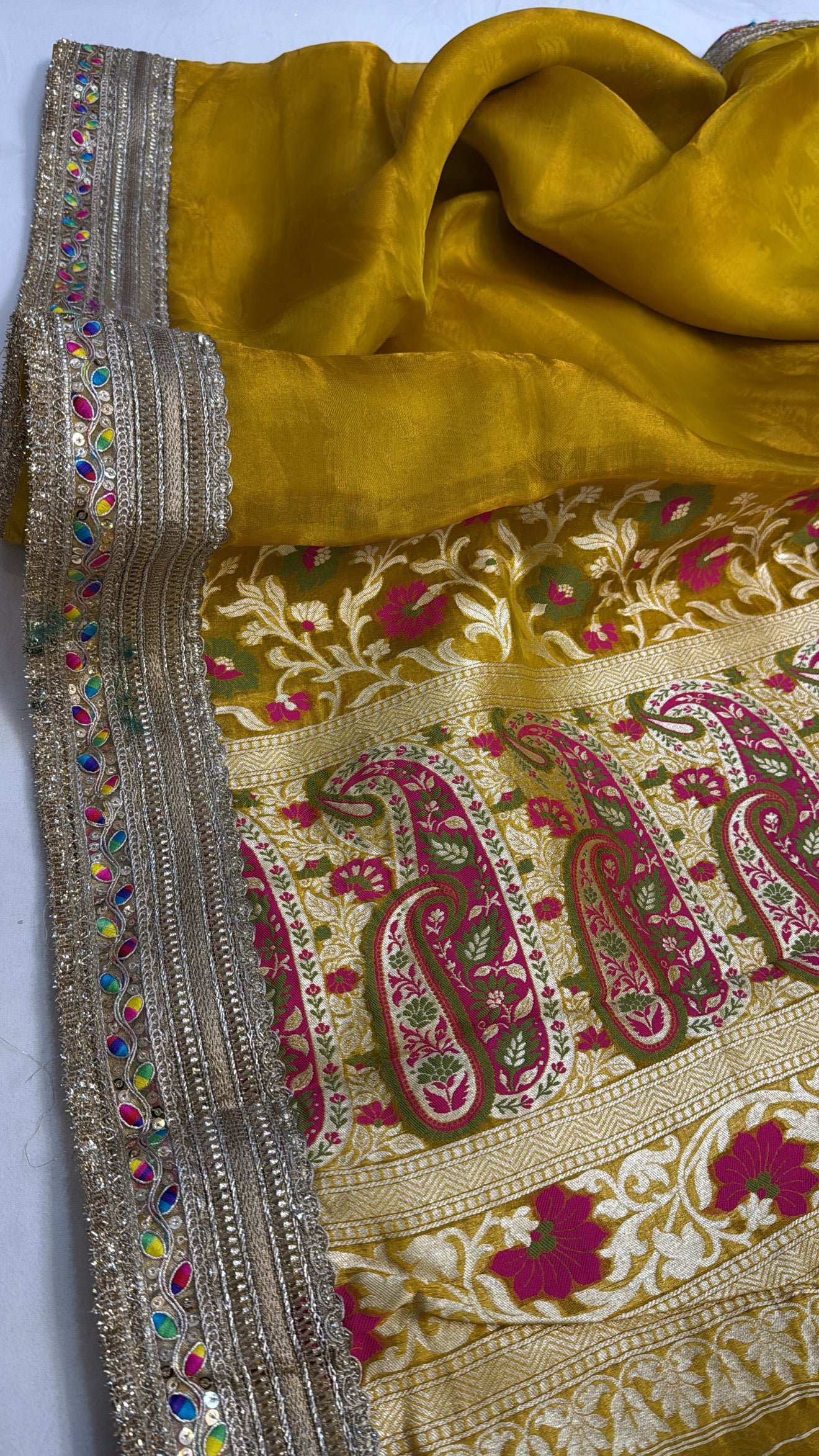 Maharani sunrise yellow tissue silk meenakari kadhwa gotapatti saree