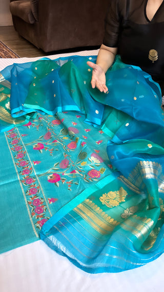 Menka ( shades of aqua blue) moonga silk kadhwa meenedar suit set