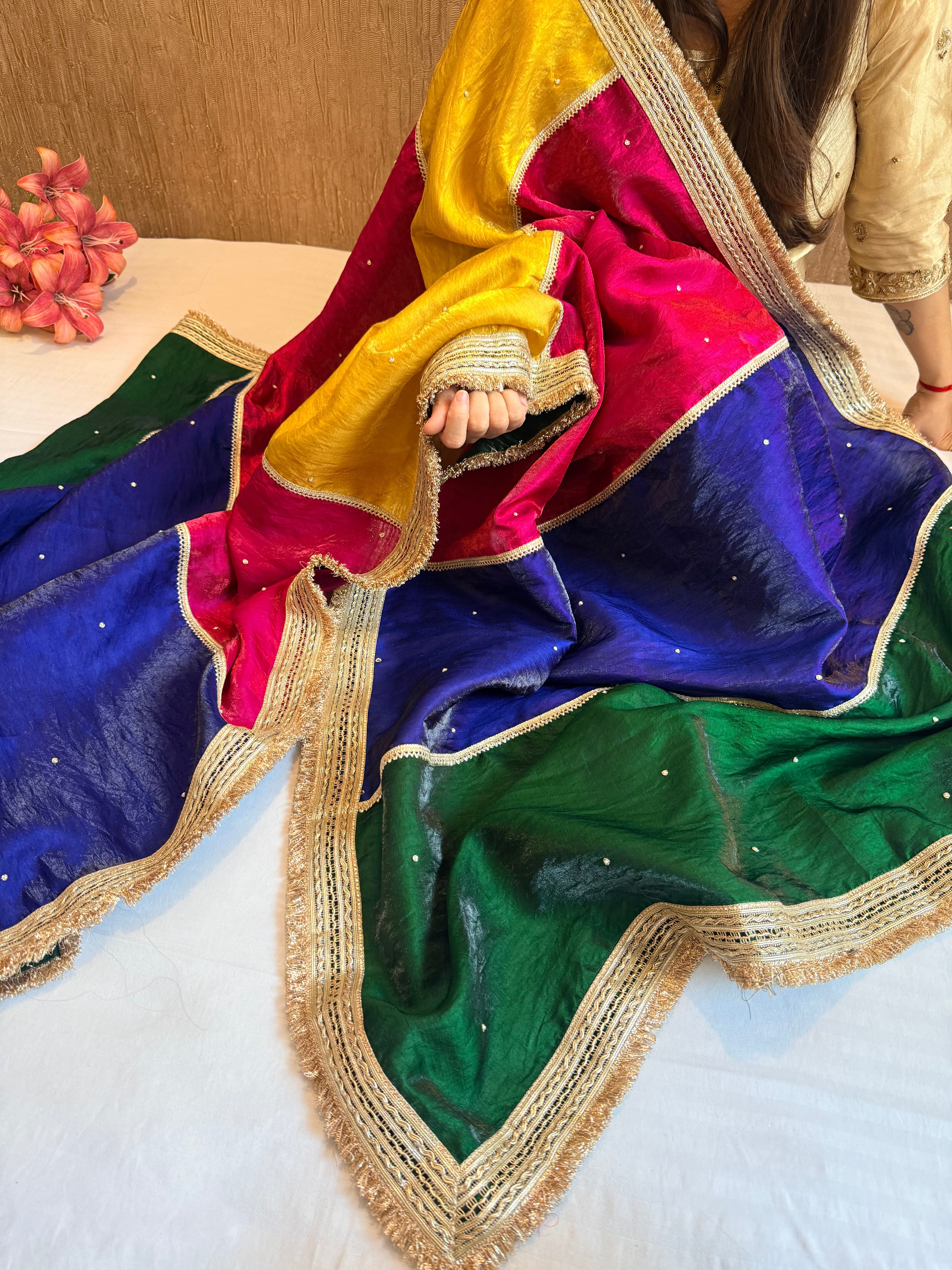 Pakistani tukdi multicolour satin tissue hand embroidered kadhwa duppata