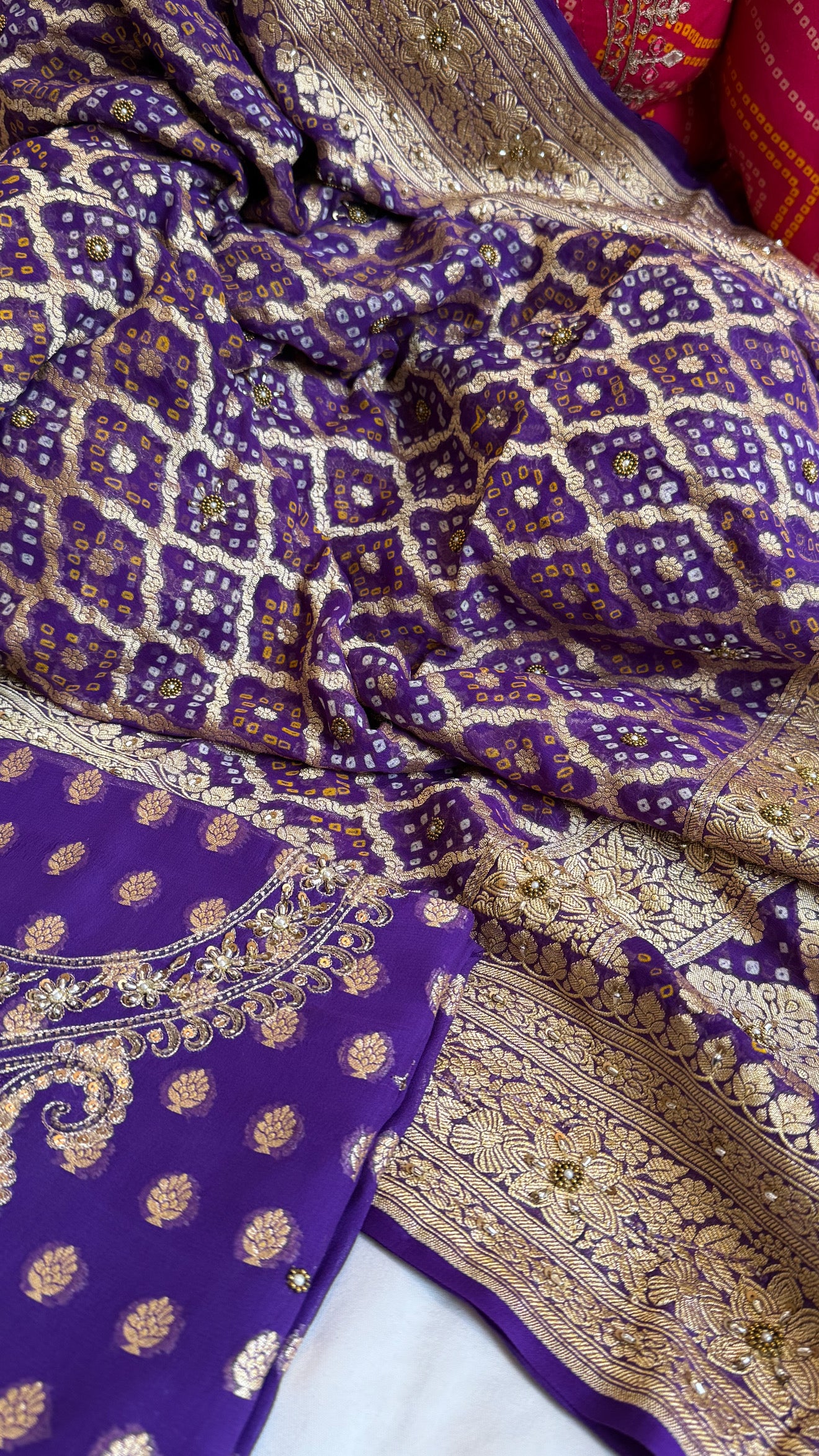 Deep purple rai bandhej Banarasi gorgette kadhwa hand embroidered suit set
