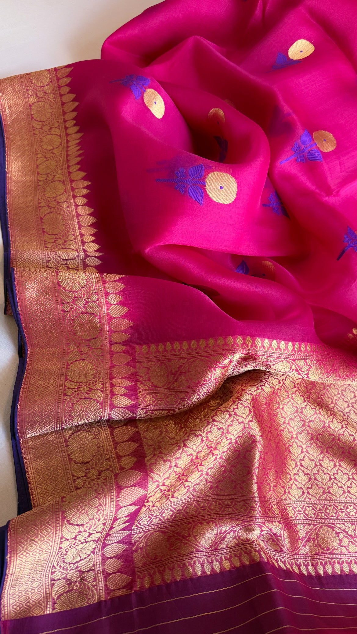 Magenta pink kora silk kadhwa banarasi border saree