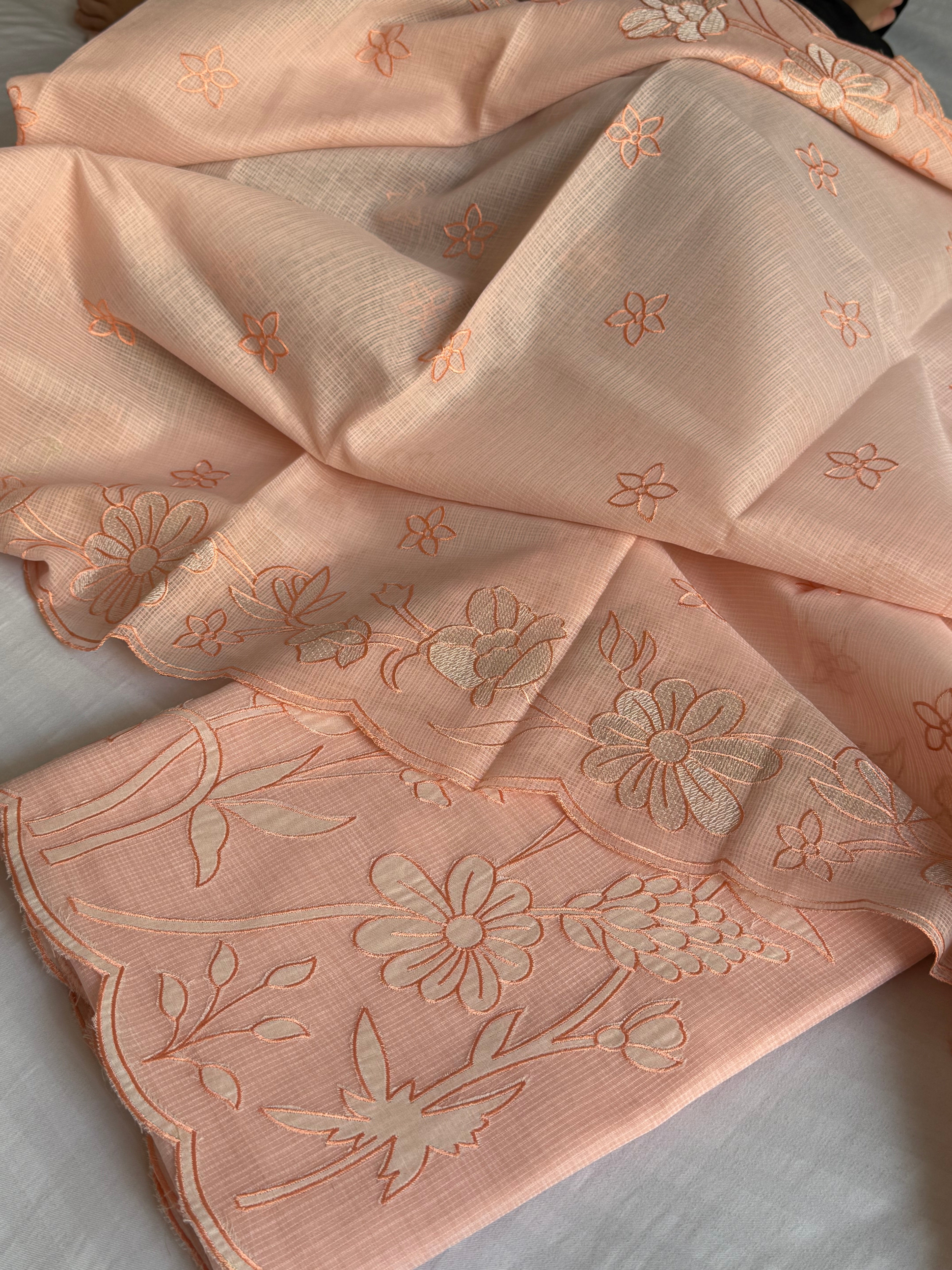 Blush peach kota check appliqué work kadhwa suit set