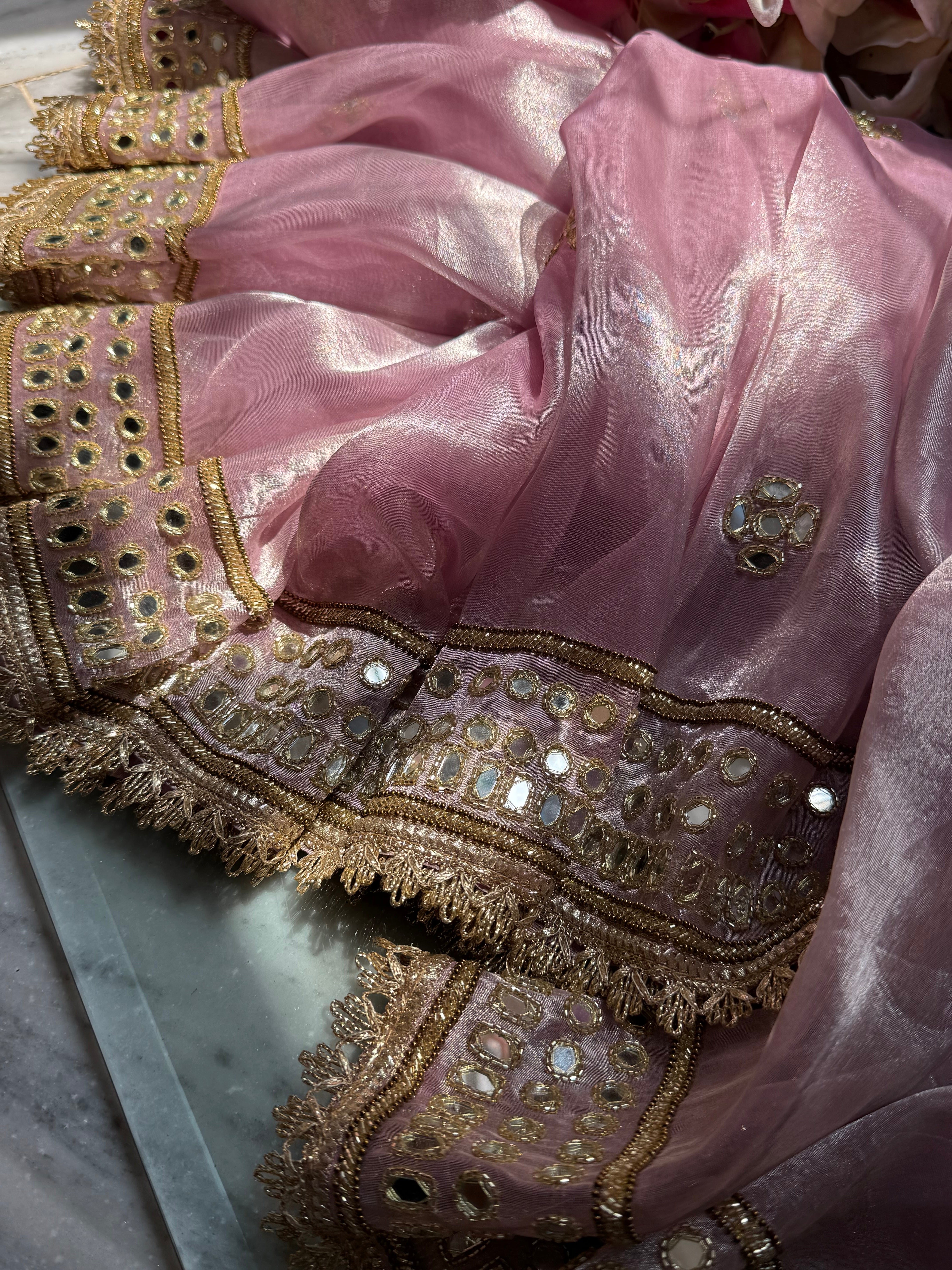 Engagement wali saree - Powder pink diamond tissue silk mirror work hand embroidered saree