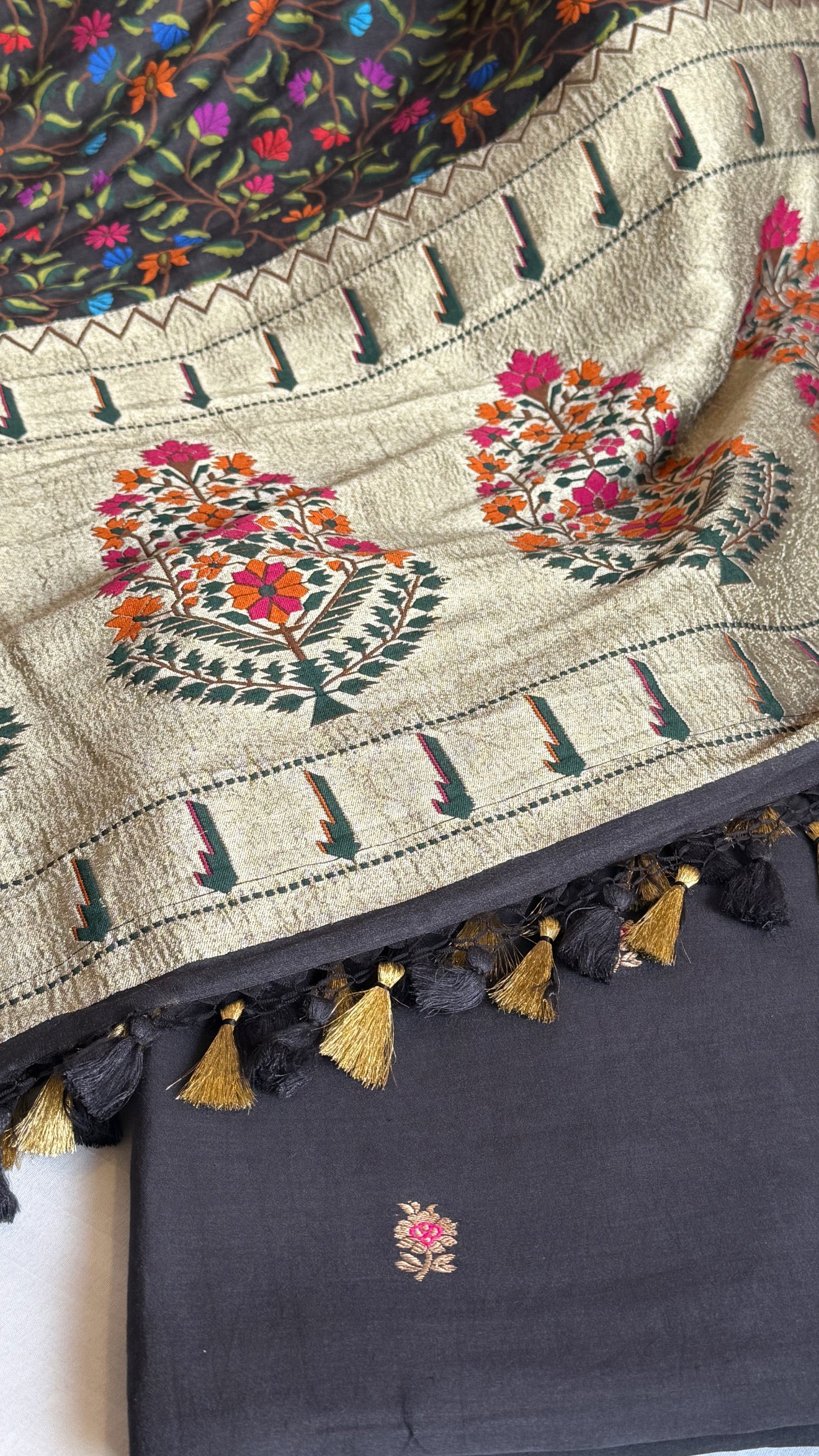 Black paithani meenakari moonga silk heavy jaal duppata paired with kadhwa buti kurta set