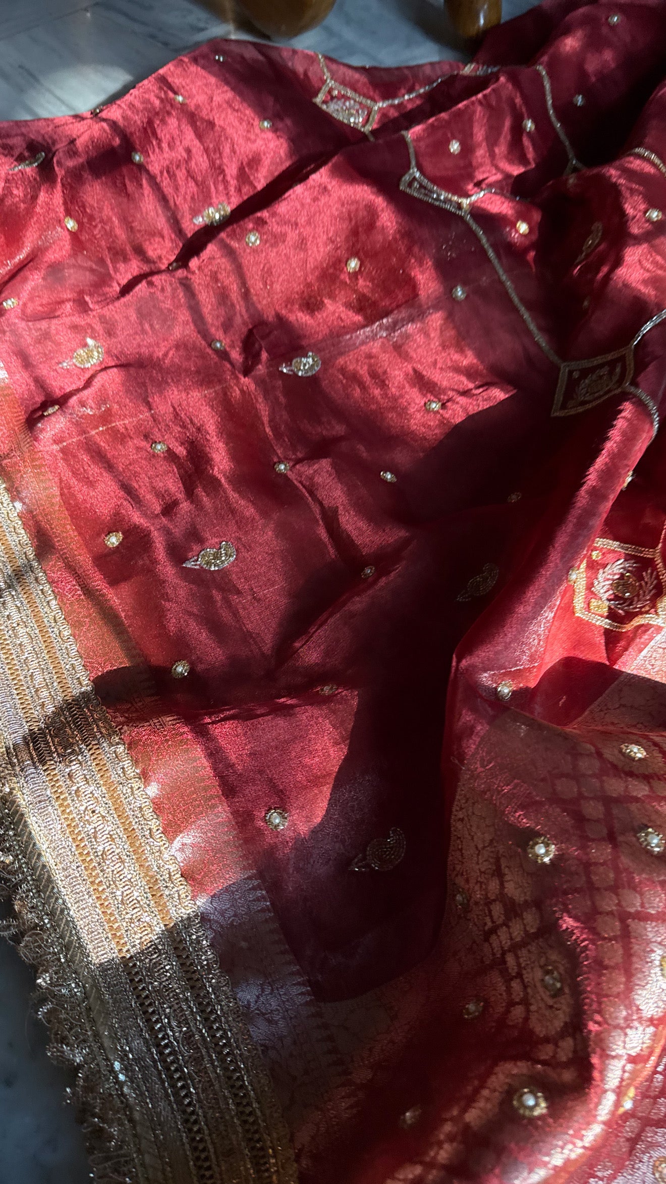 Teej special - Husn brick red tissue silk hand embroidered kadhwa saree