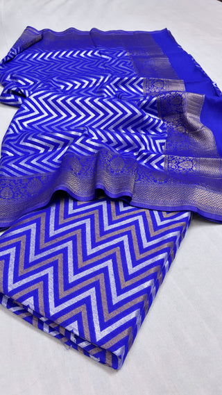 Ink blue chevron weaving moonga silk kadhwa suit set