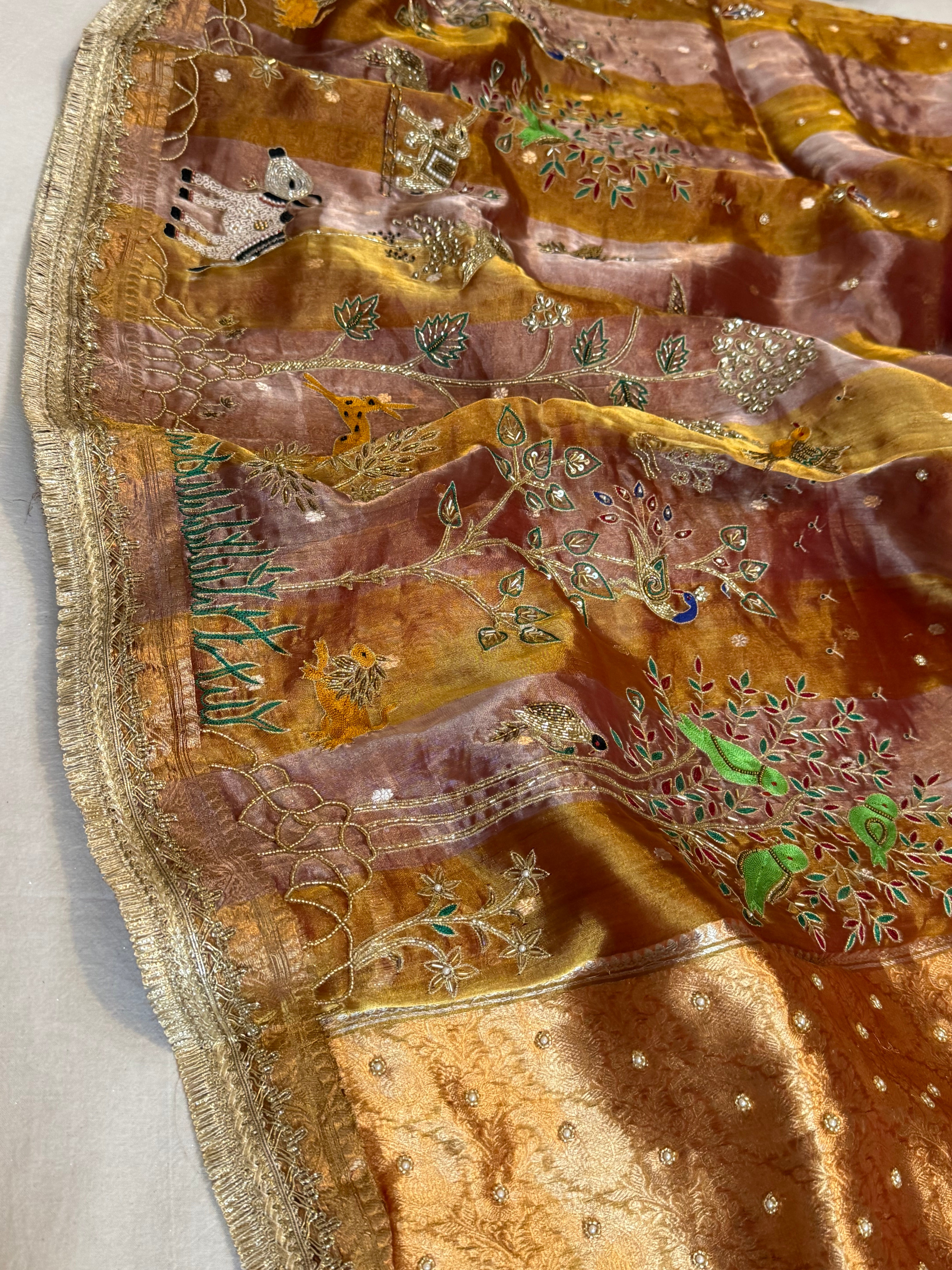 Hathi , ghoda aur palki wali saree - Husn tissue silk hand embroidered saree