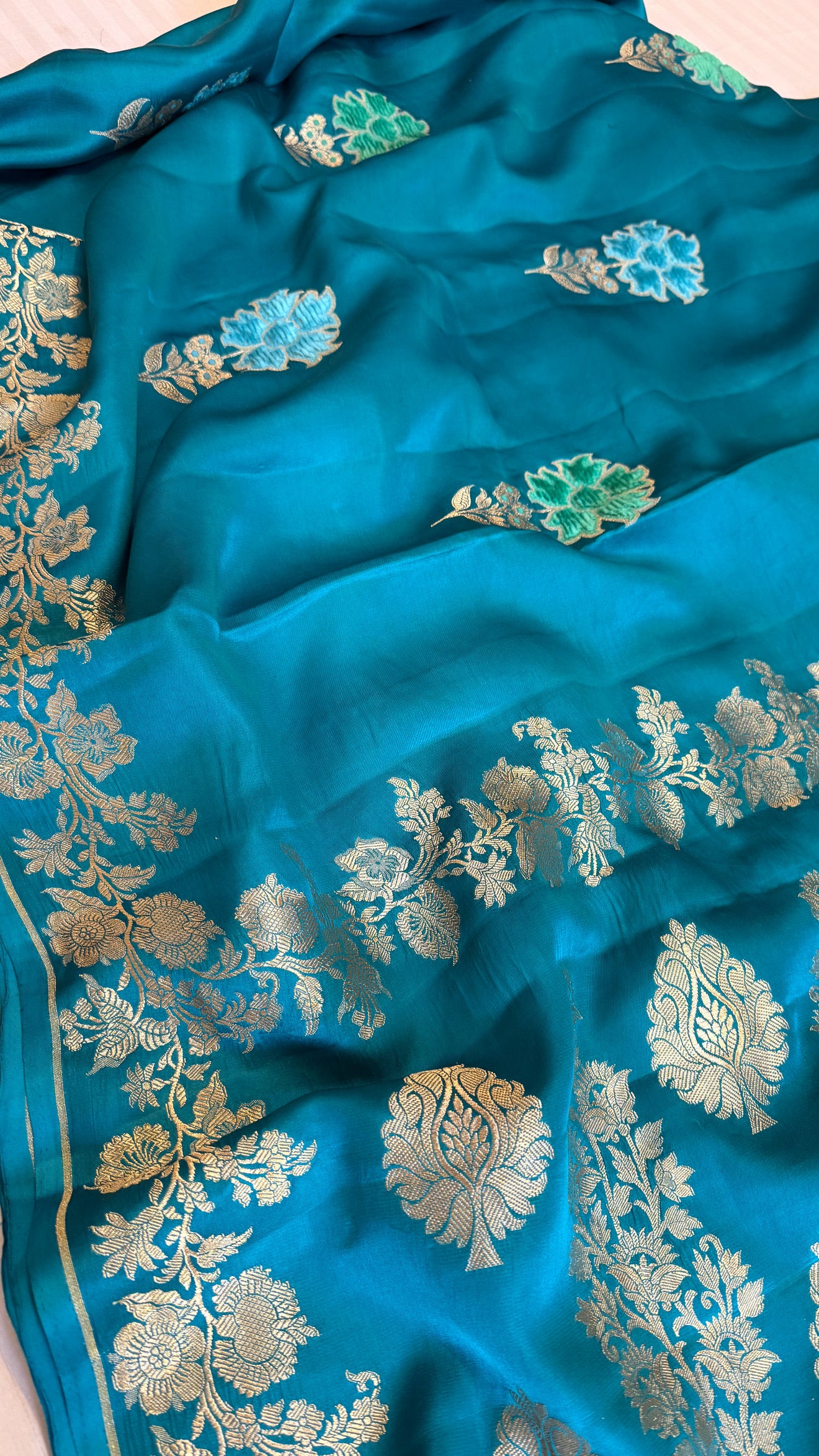 Teal blue banarasi mashru silk velvet buti kadhwa weaving saree