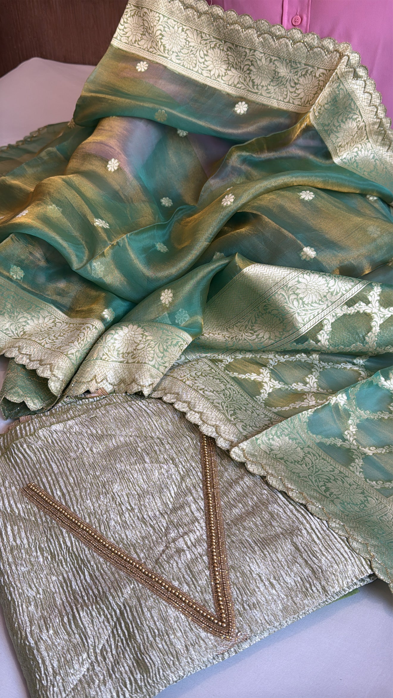 Vivah edit - Candy green crushed tissue silk hand embroidered suit sets