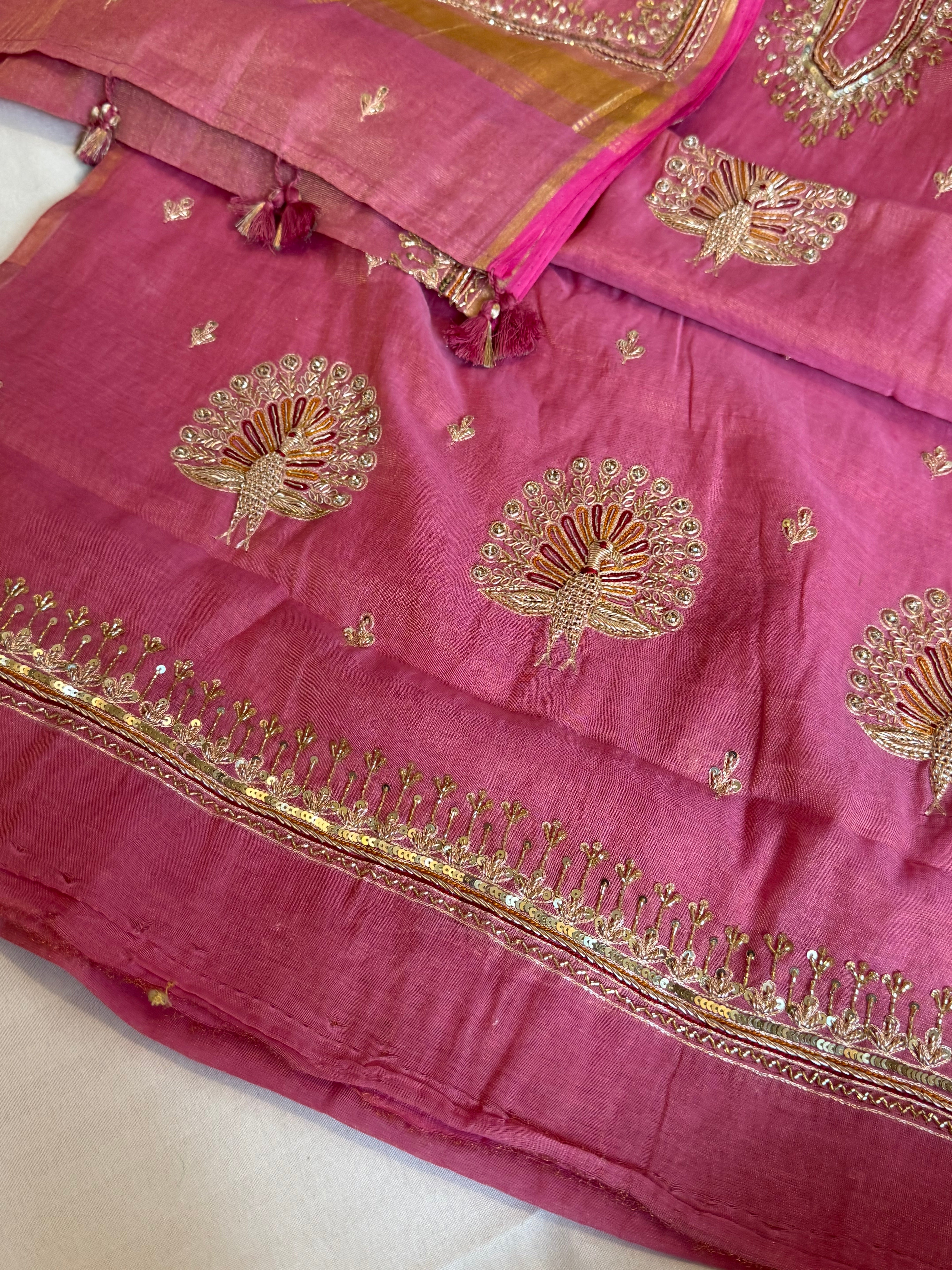 Candy pink mul cotton tissue silk hand embroidered kadhwa suit set