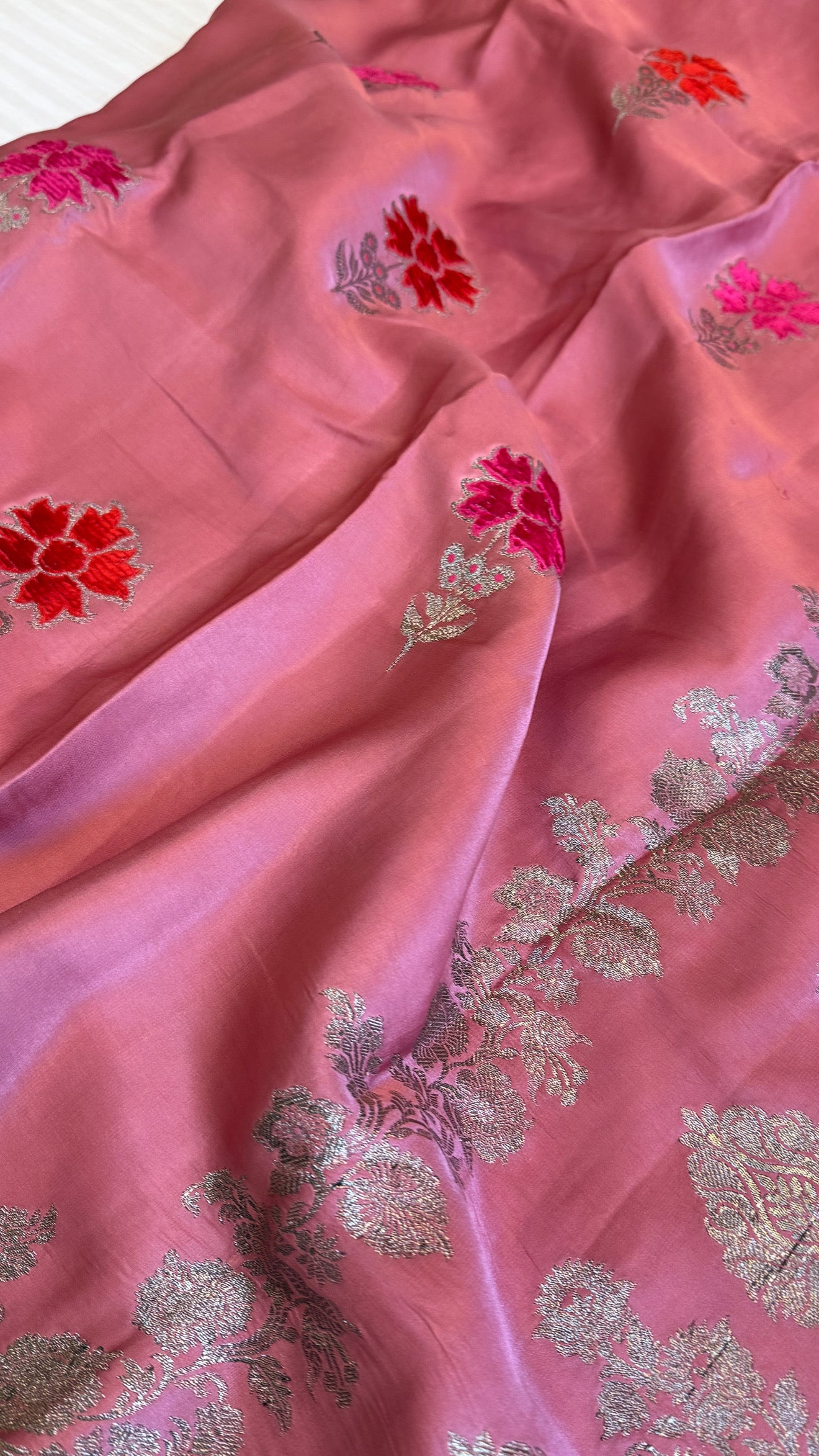 Brick peach banarasi mashru silk velvet buti kadhwa weaving antique black zari saree