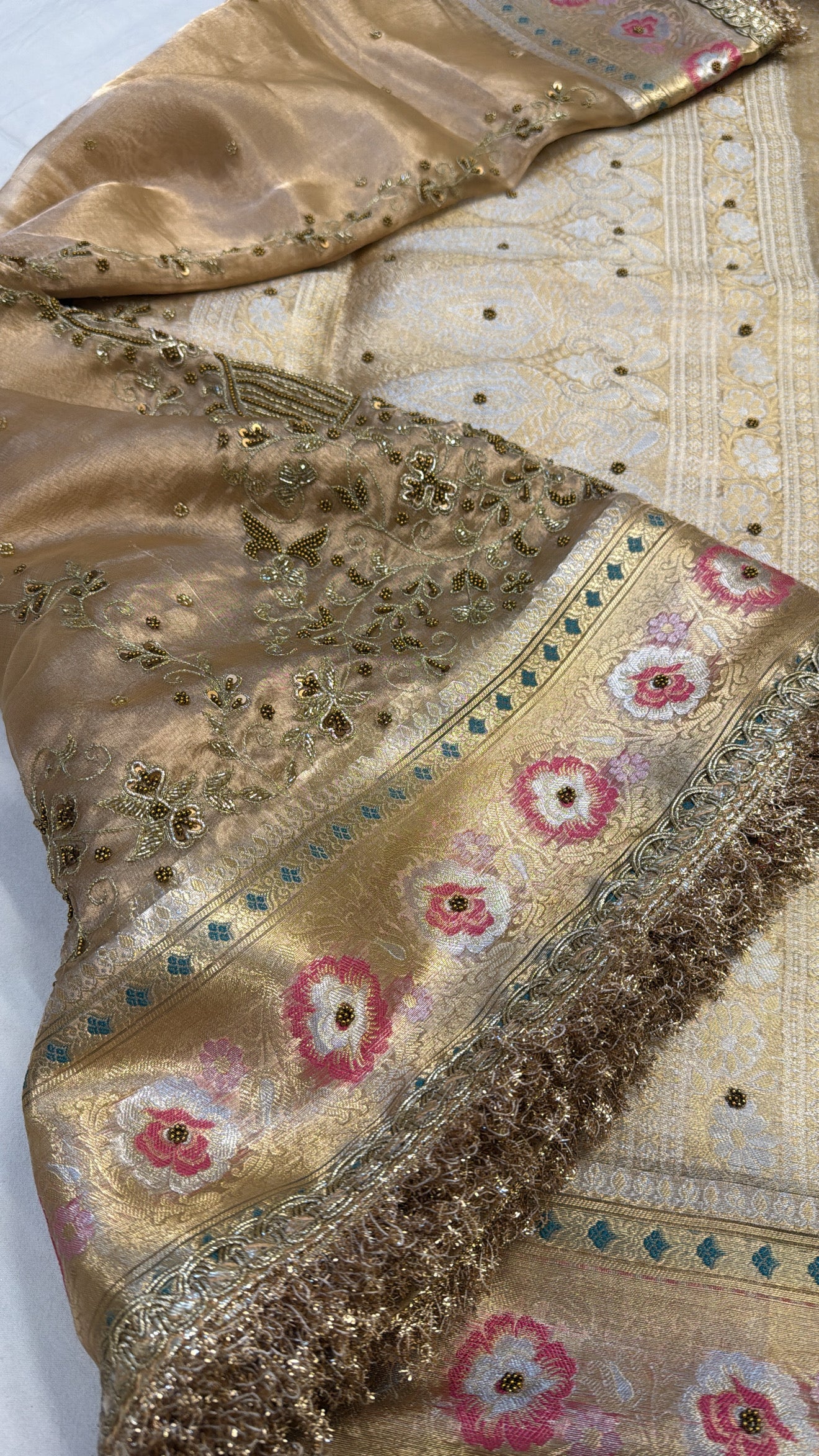 Golden husn tissue silk hand embroidered kadhwa meenakari saree