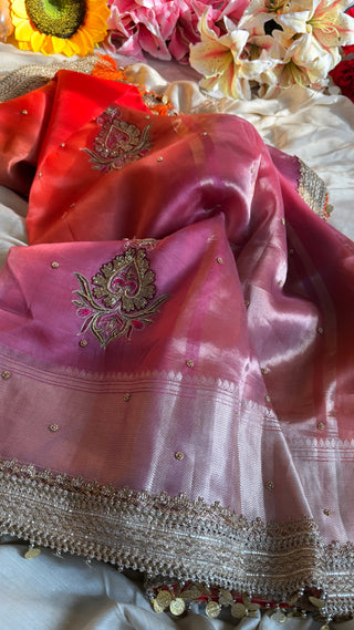 Dulhan ka pitara - Shades of chuski orange tissue silk hand embroidered saree