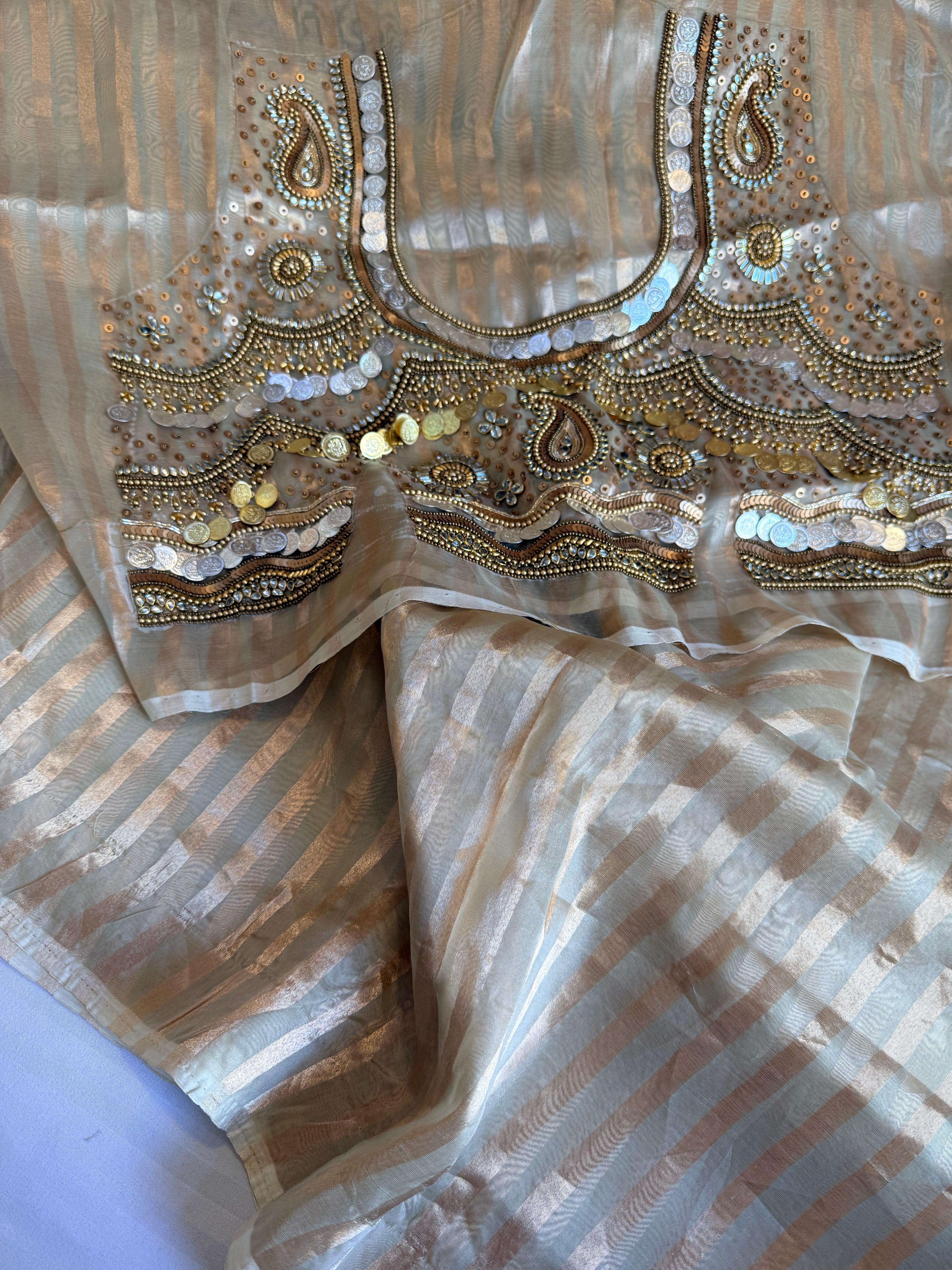 Kundan blouse edit - Ivory gold tissue silk hand embroidered striped saree with jewellery blouse