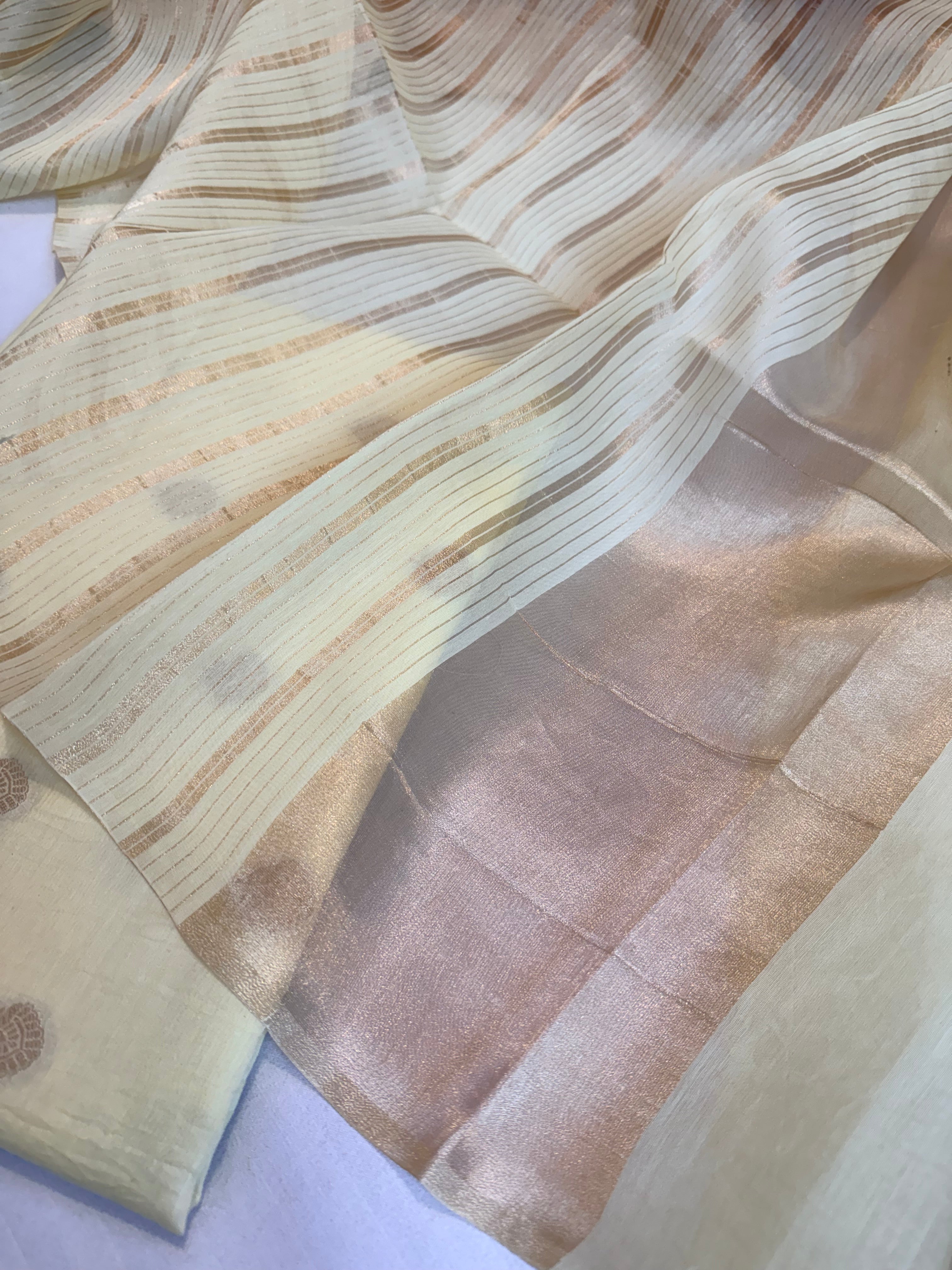 BELOW 8K - Lime yellow zari cotton striped kadhwa buti banarasi suit set