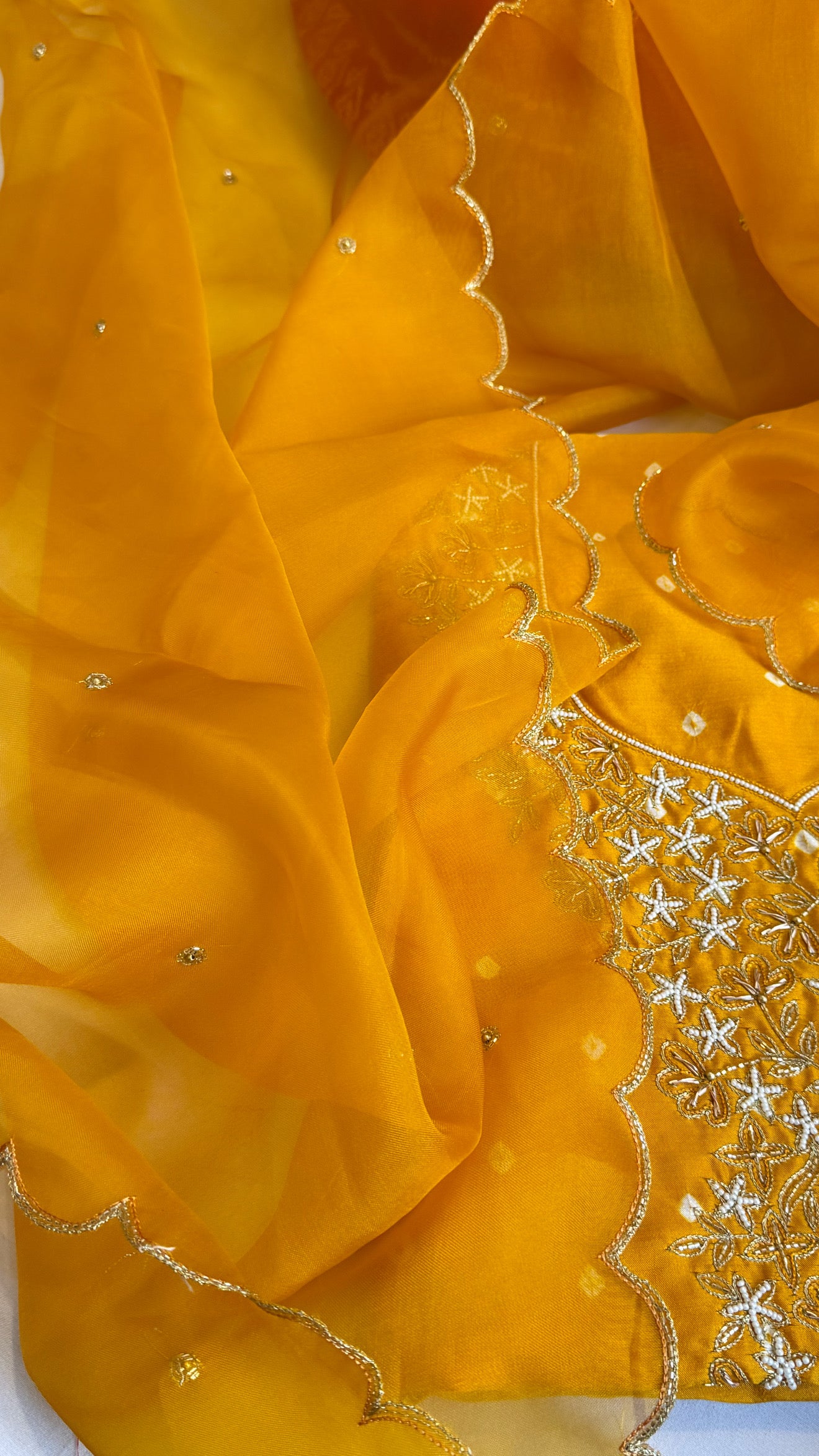 Haldi yellow raw mango bandhej hand embroidered kadhwa suit set