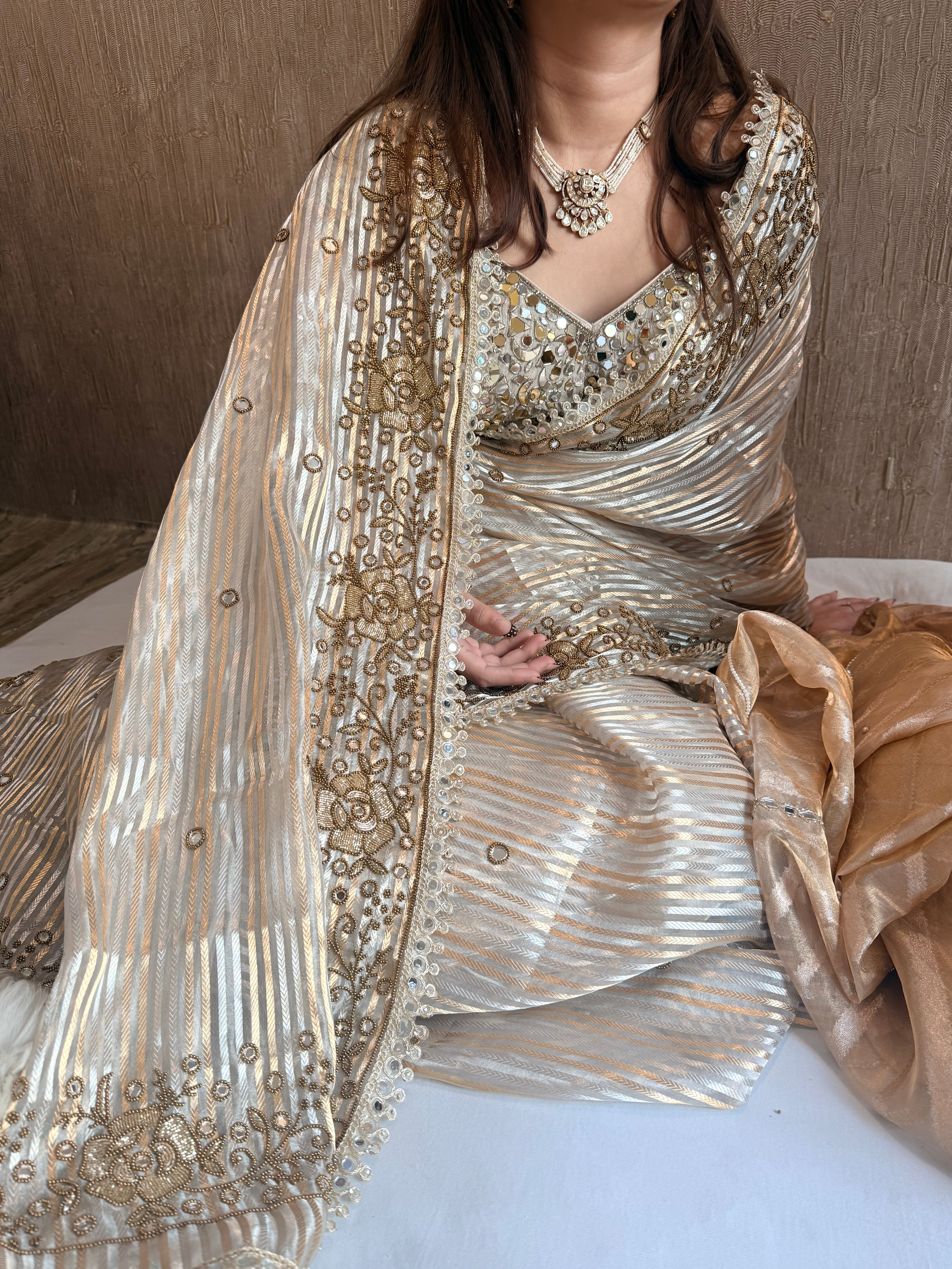 Butter gold sona rupa striped tissue silk hand embroidered saree