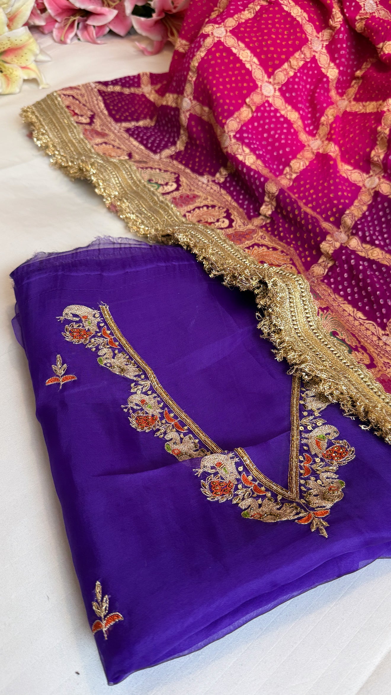 Rai bandhej gorgette kadhwa hand embroidered suit set