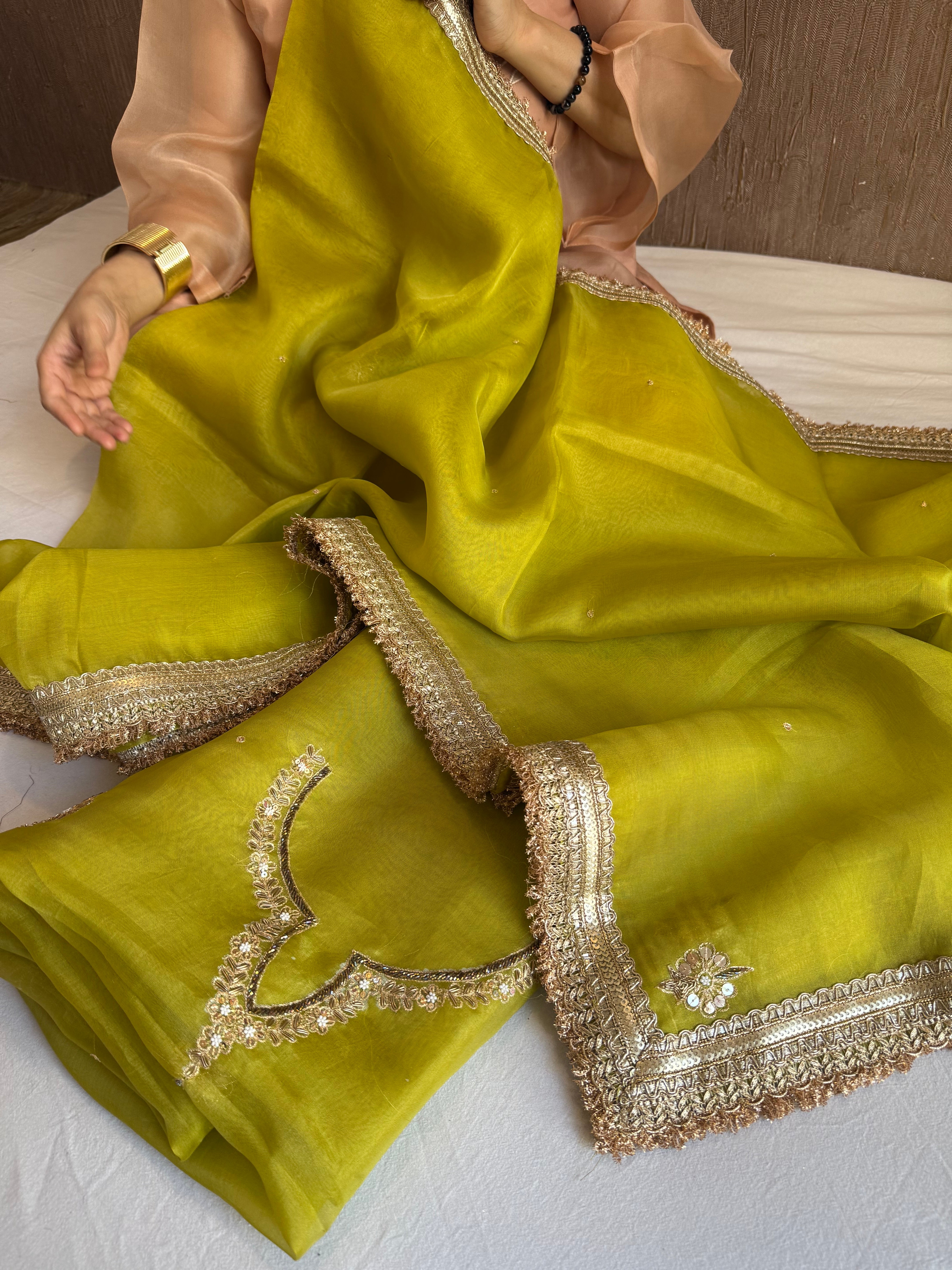Aari and tilli kora silk hand embroidered mehendi green kadhwa suit set
