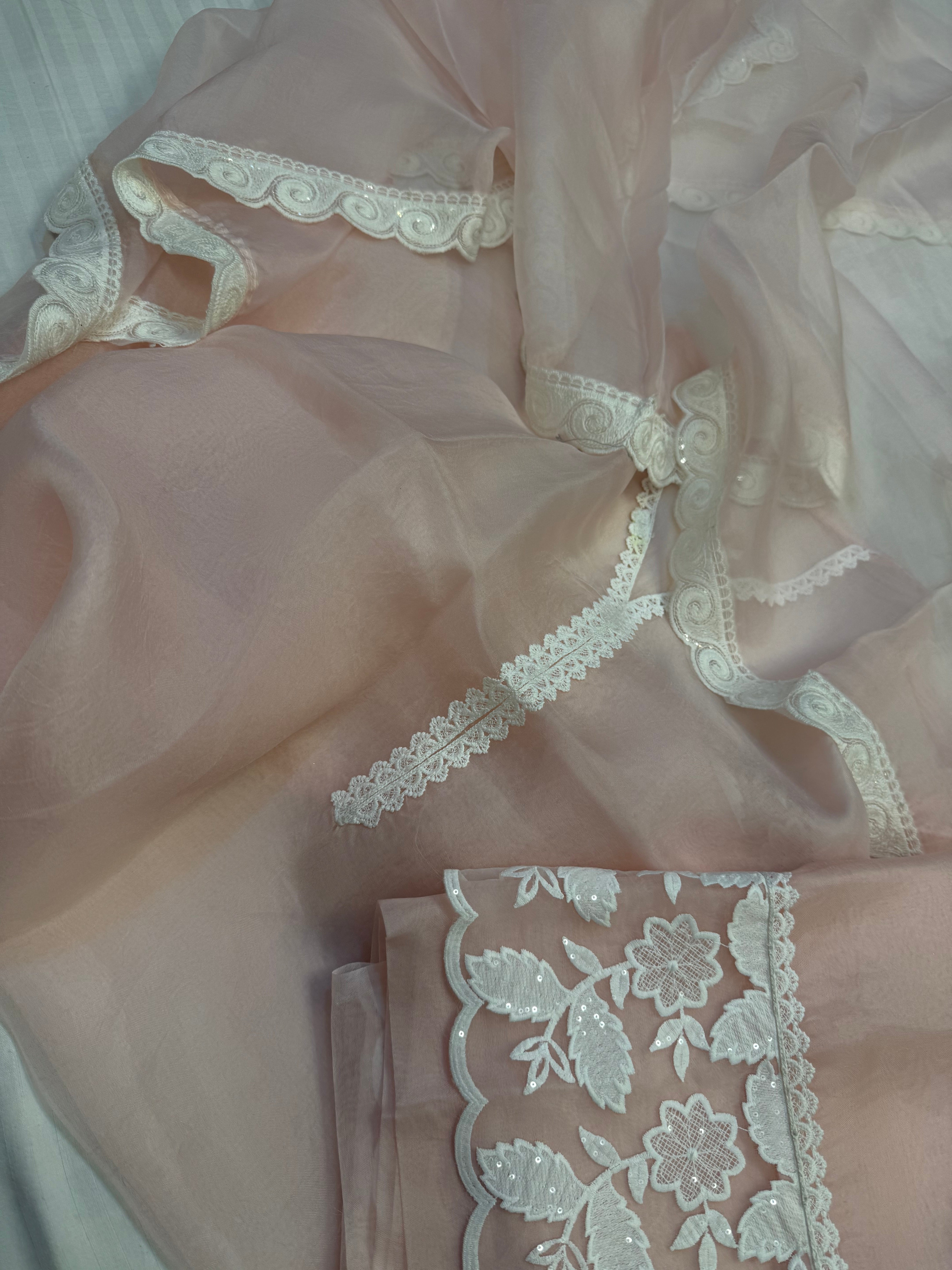 Rose pink kora silk lacework kadhwa suit set