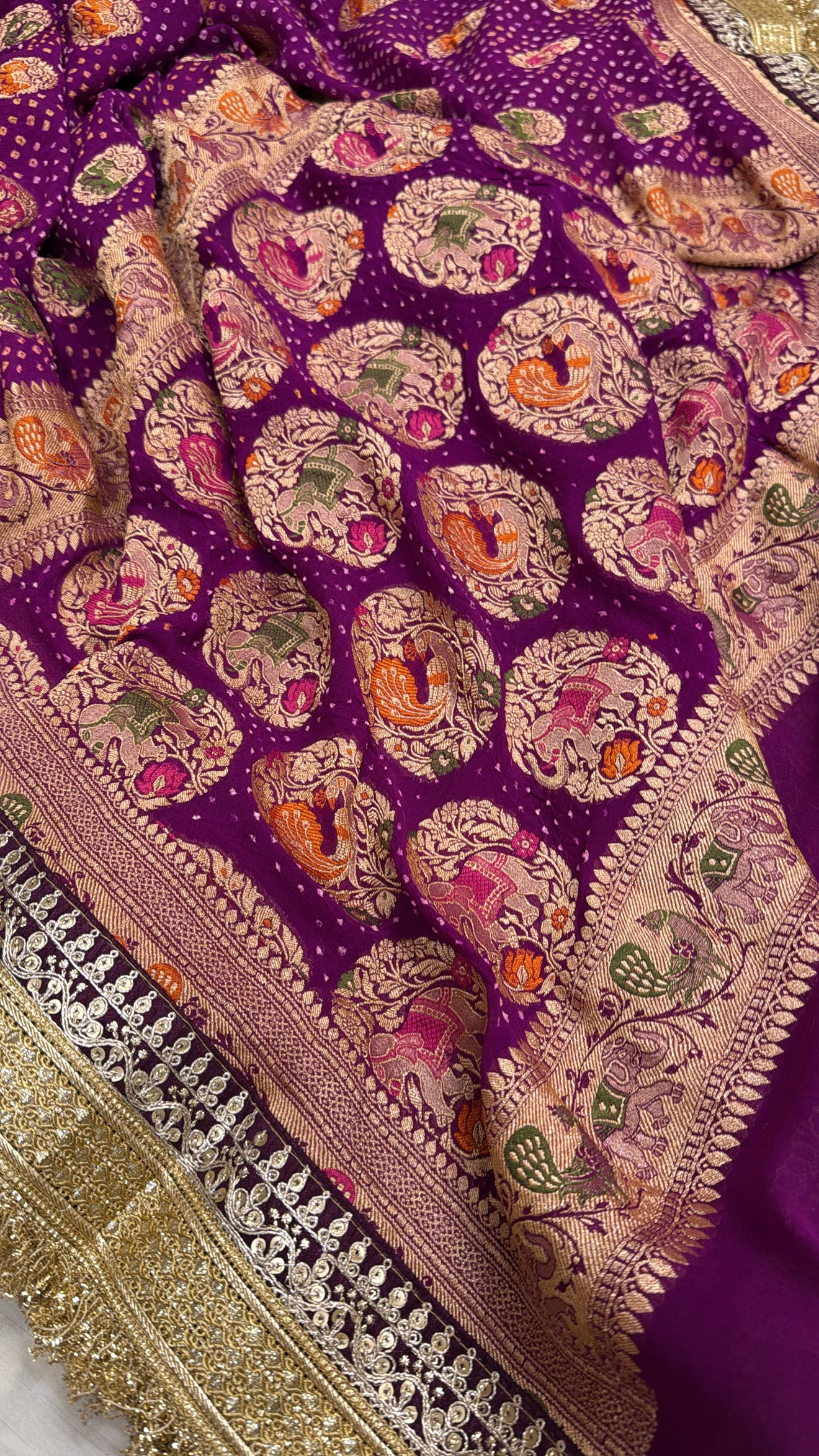 Magenta purple banarasi chiffon gorgette rai bandhej kadhwa saree