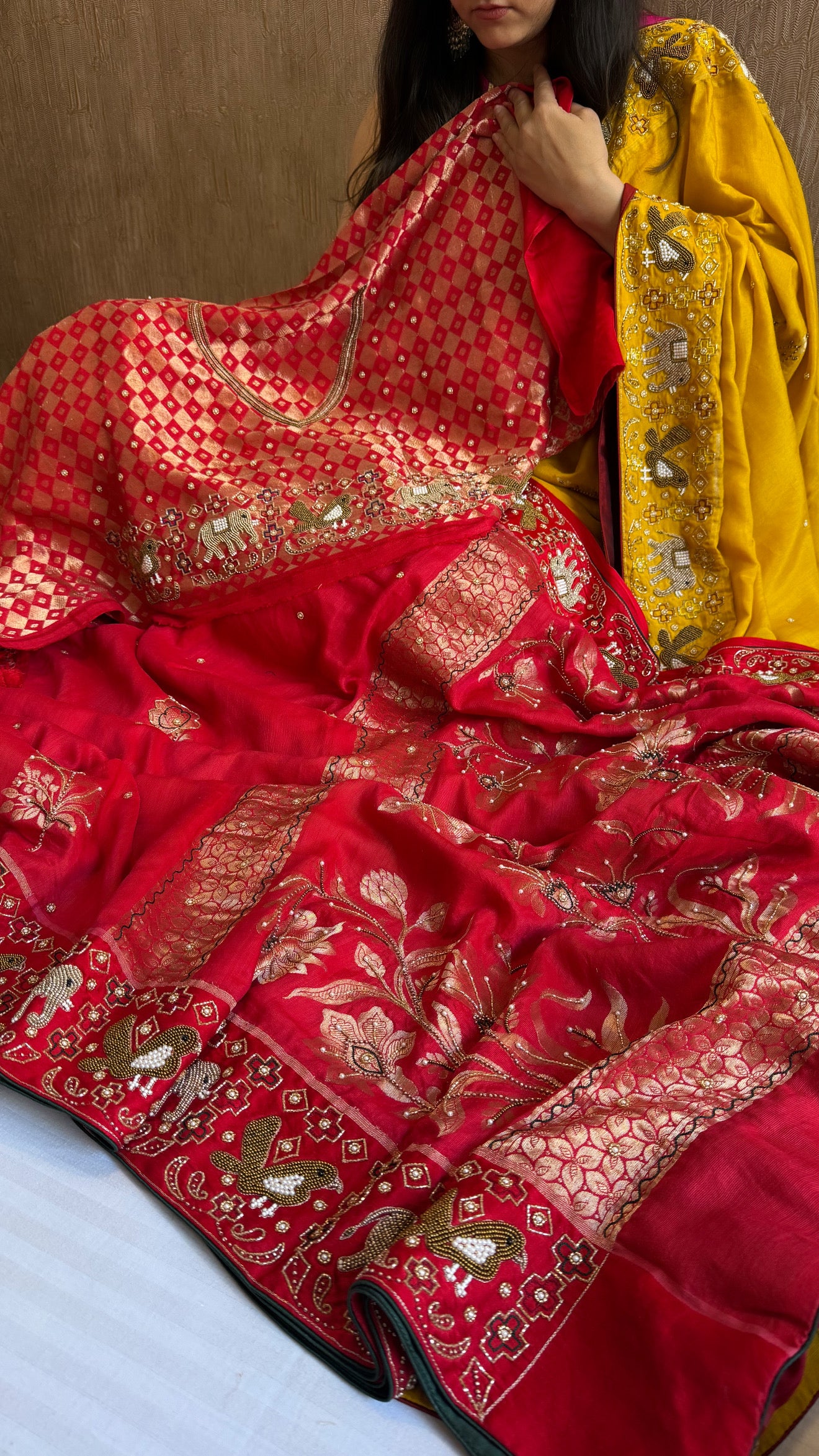 Moonga silk ikkat Patola weaving inspired hand embroidered kadhwa weaving saree