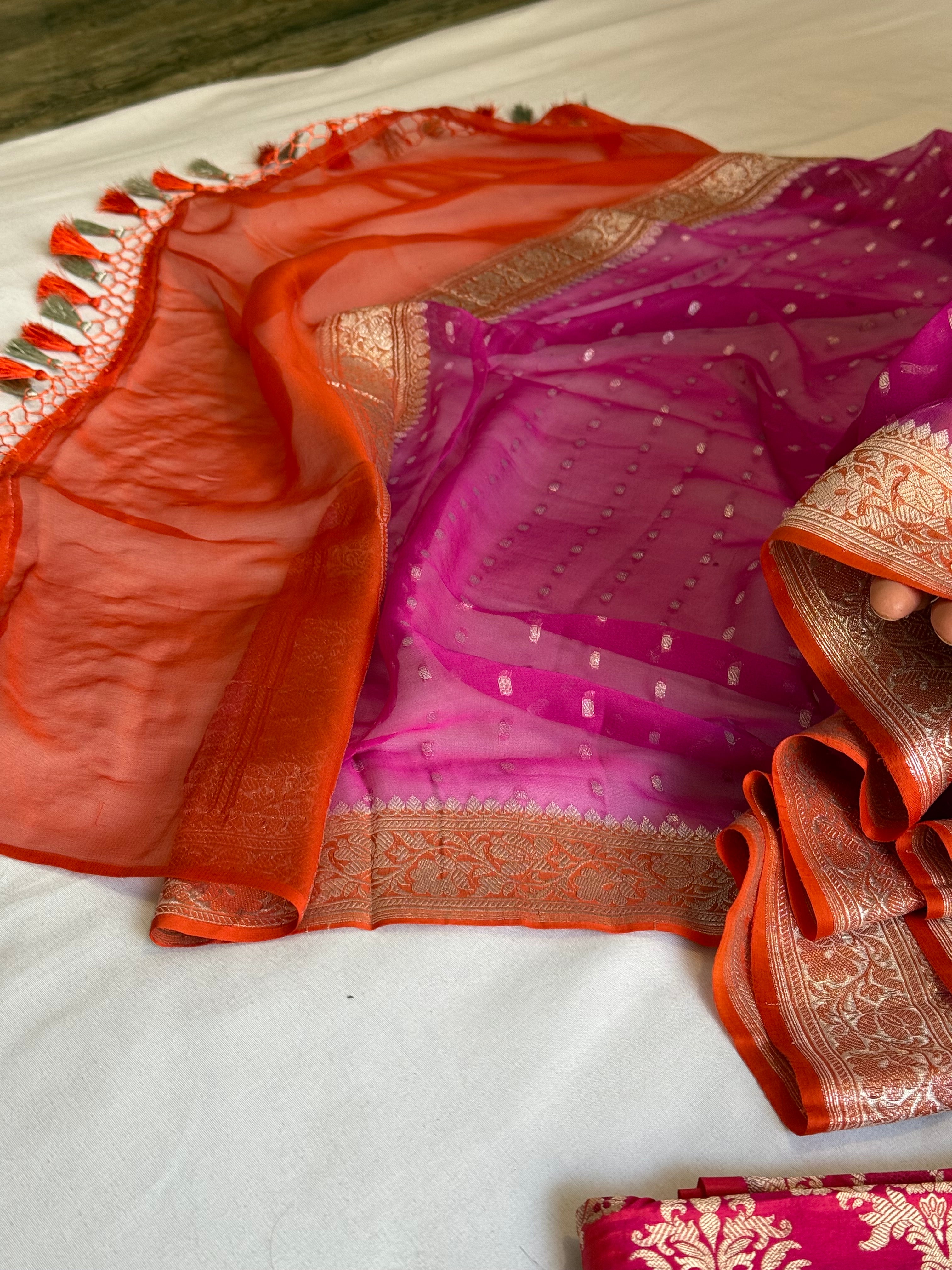 Rani pink - Fanta orange katan silk kadhwa jaal kurta paired with chiffon gorgette chap dye duppata set