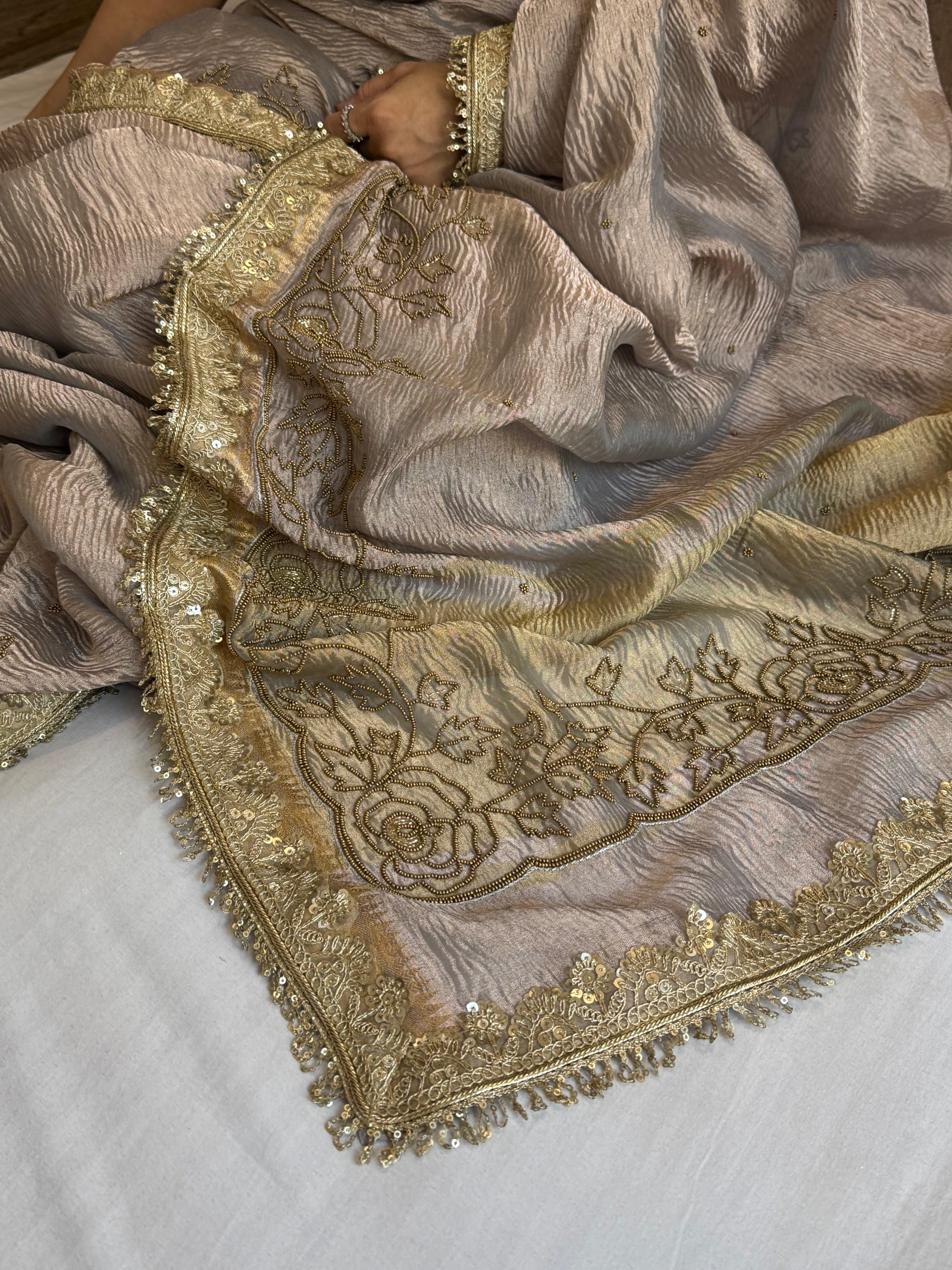 Dusty lilac husn crushed tissue silk hand embroidered kadhwa saree