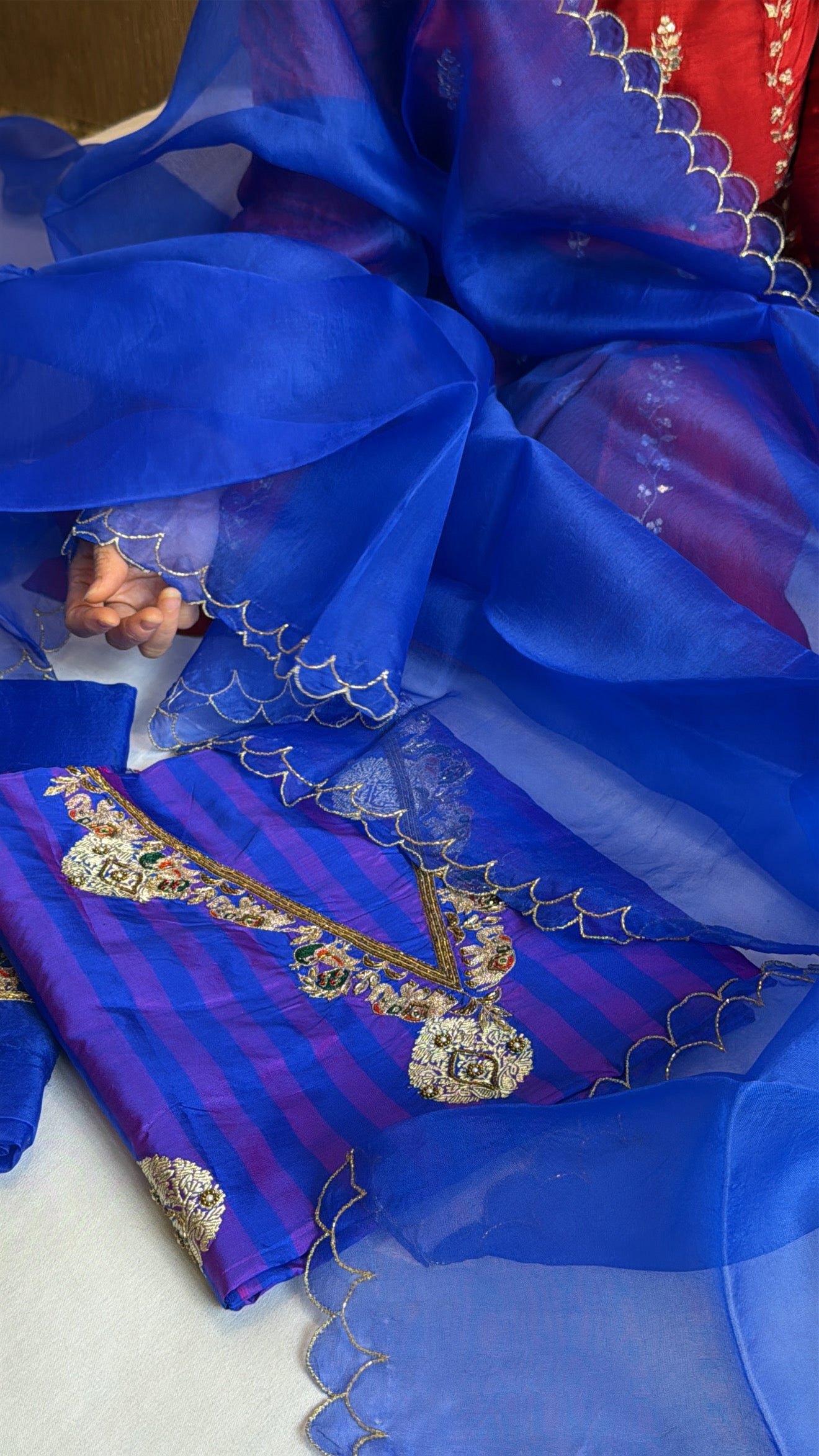 Electric blue-purple dhup chao effect katan silk striped kurta paired with kora silk scalloped duppata set