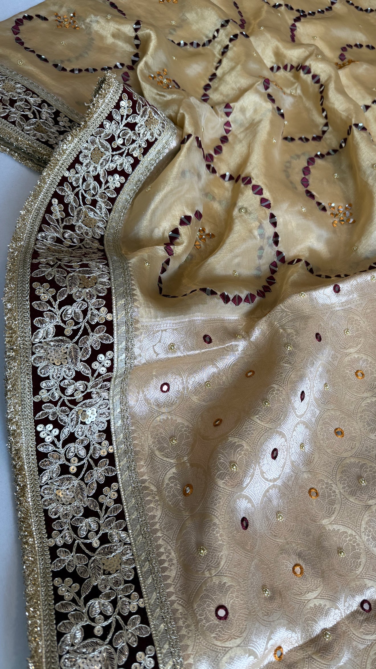 Sheesham edit - Heavy double tissue silk mirror work hand embroidered saree