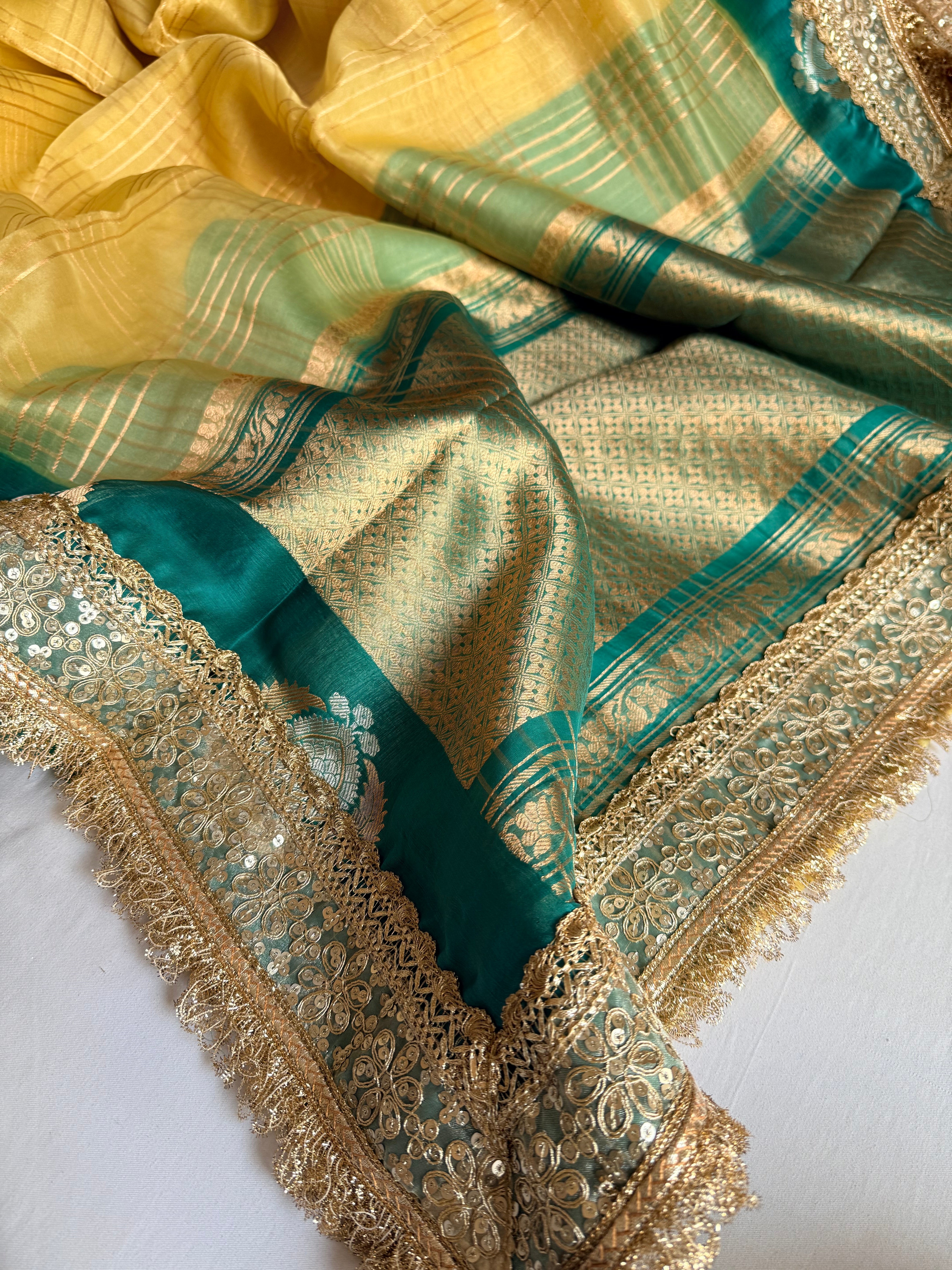 Banarasi leela olive gold - teal green kora silk kadhwa saree