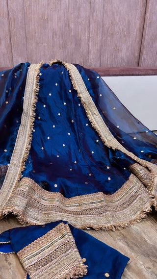 Mastani peacock blue tissue silk kadhwa buti dhup chao effect lehenga set