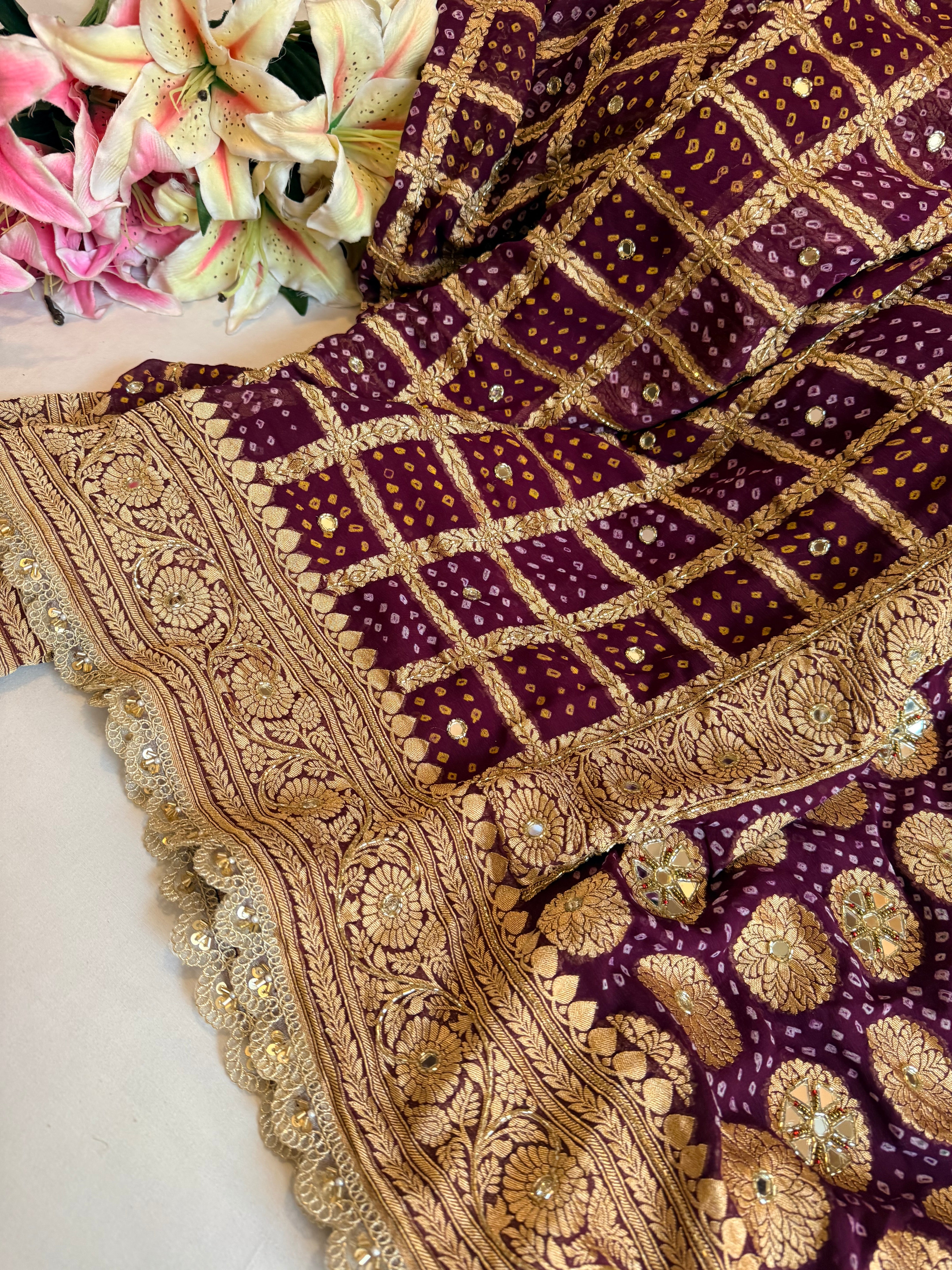 Bandhej saree ka sandook - brinjal purple shaded chiffon gorgette banarasi bandhej saree