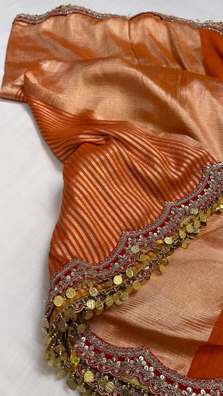 Moonga crushed tissue silk deep bright orange saree
