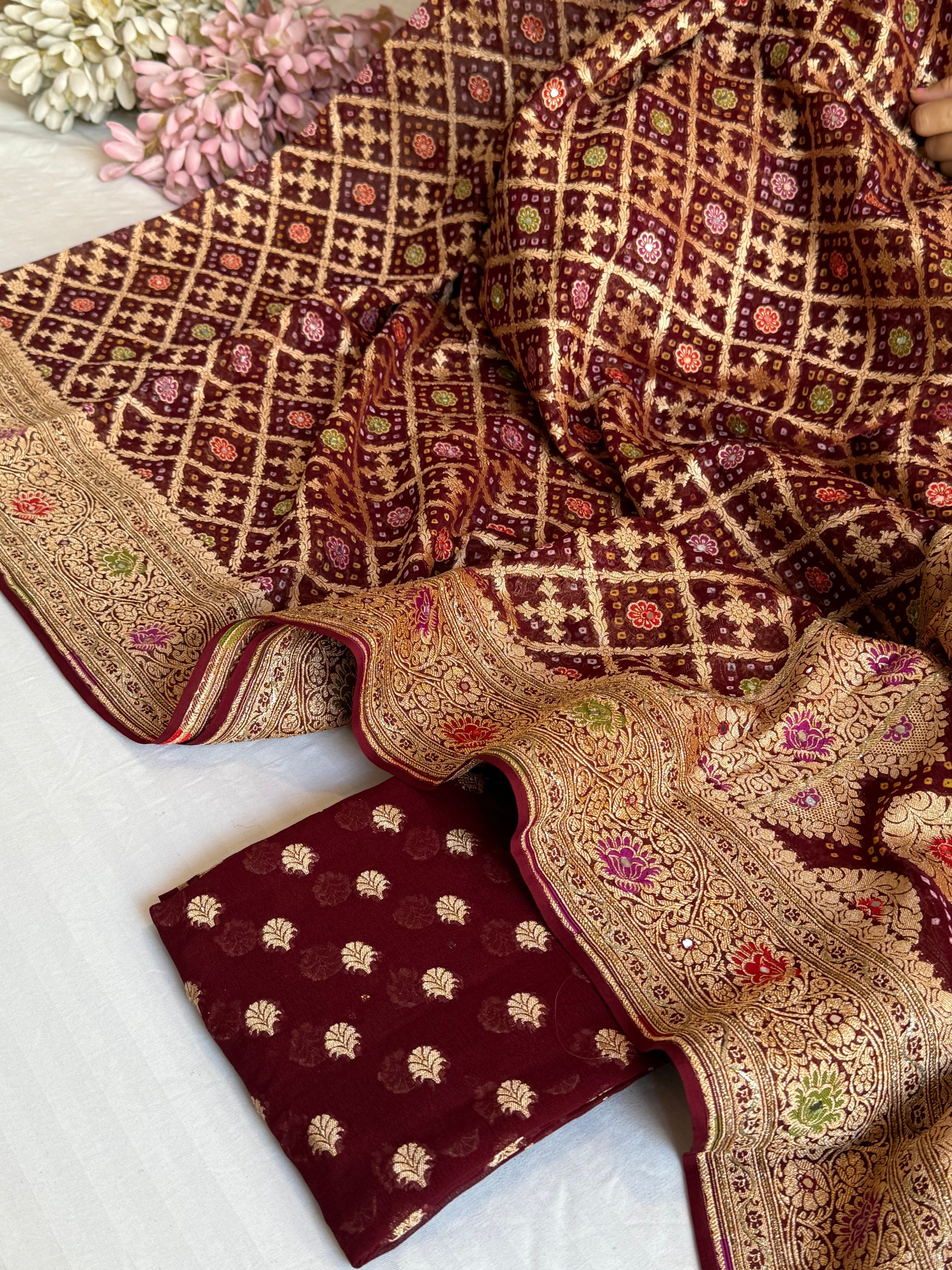 Mirror and dori work deep bergundy banarasi bandhej gorgette kadhwa suit sets