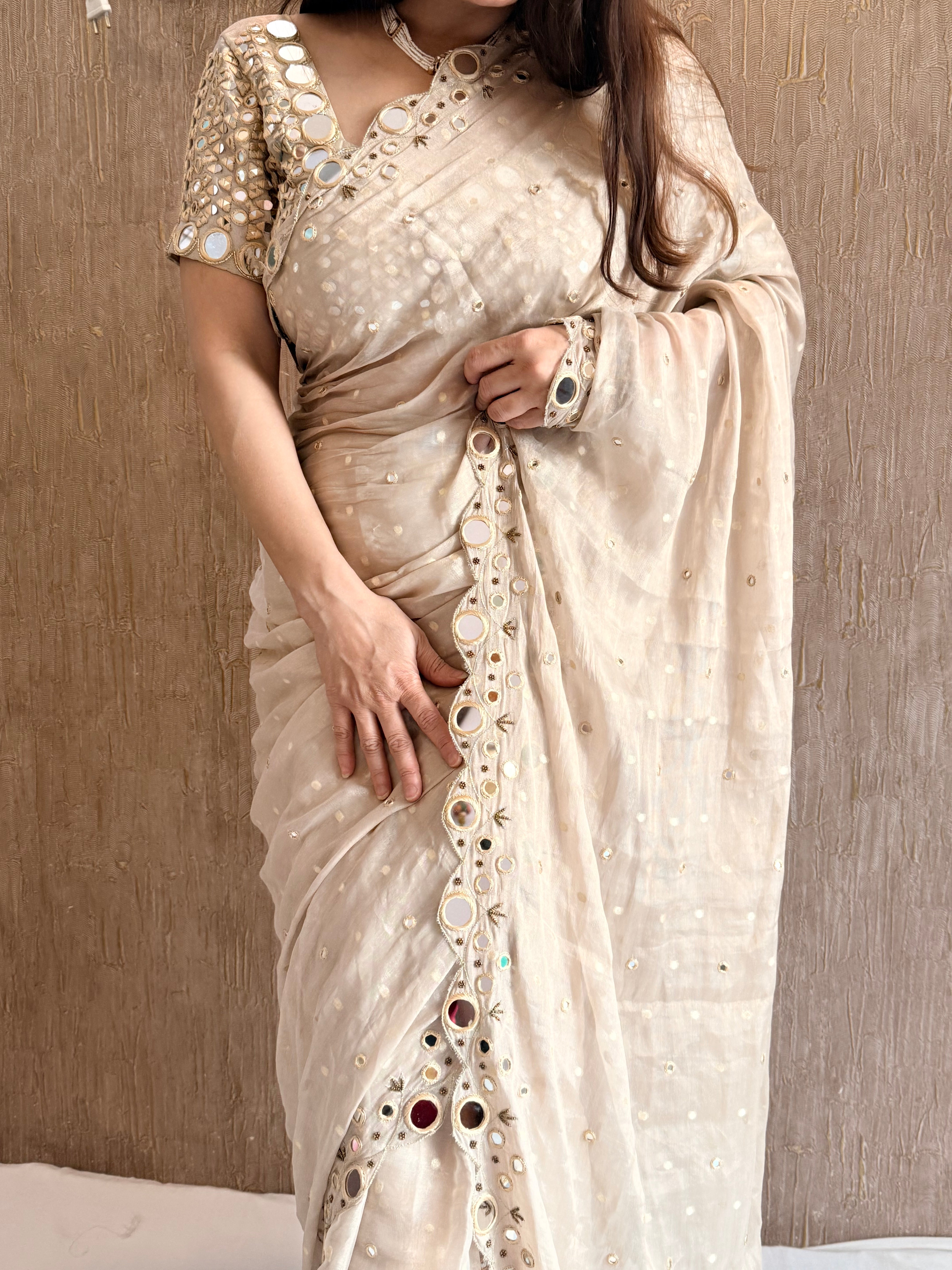 Golden tissue gorgette mirror work hand embroidered kadhwa saree