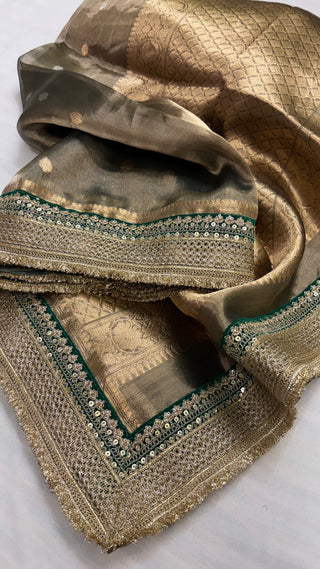 Maharani army green tissue silk kadhwa buti saree